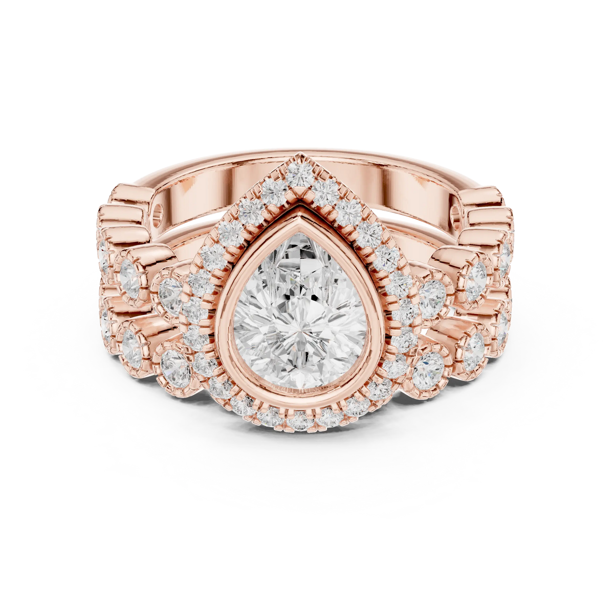 2.04 Cts Lab Grown Diamond Pear Shape Bezel Halo Stack Ring with Milgrain Clusters