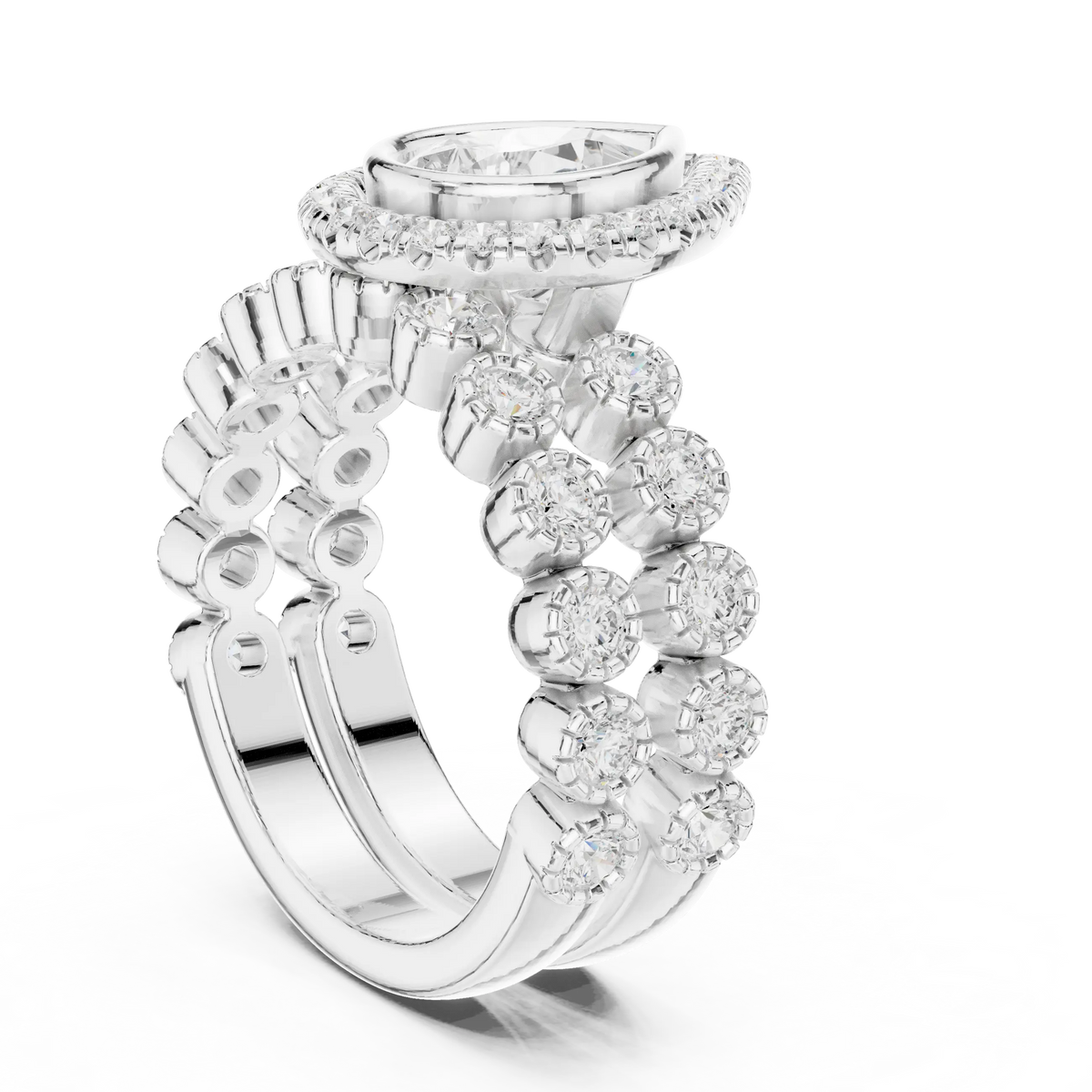 2.04 Cts Lab Grown Diamond Pear Shape Bezel Halo Stack Ring with Milgrain Clusters