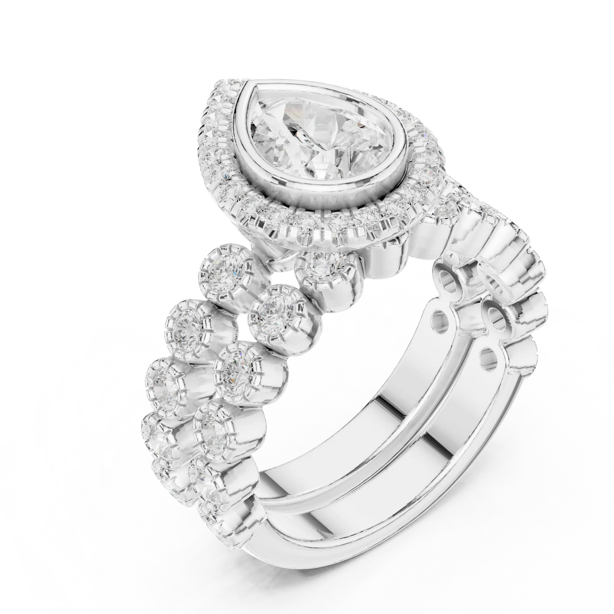 2.04 Cts Lab Grown Diamond Pear Shape Bezel Halo Stack Ring with Milgrain Clusters