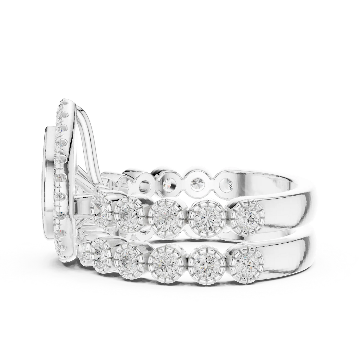 2.04 Cts Lab Grown Diamond Pear Shape Bezel Halo Stack Ring with Milgrain Clusters