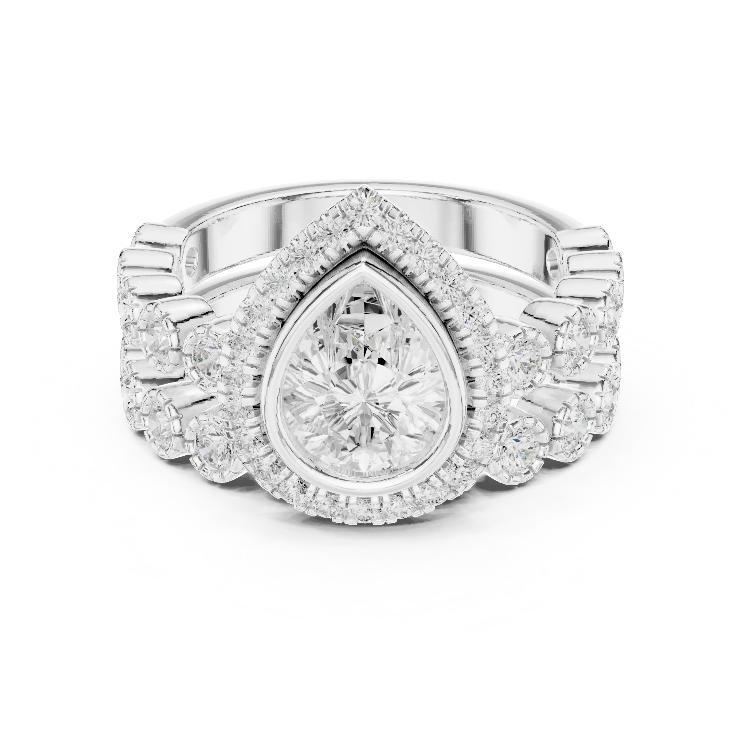 MJTW11 - Pear Shape Bezel Halo Stack Ring with Milgrain Clusters