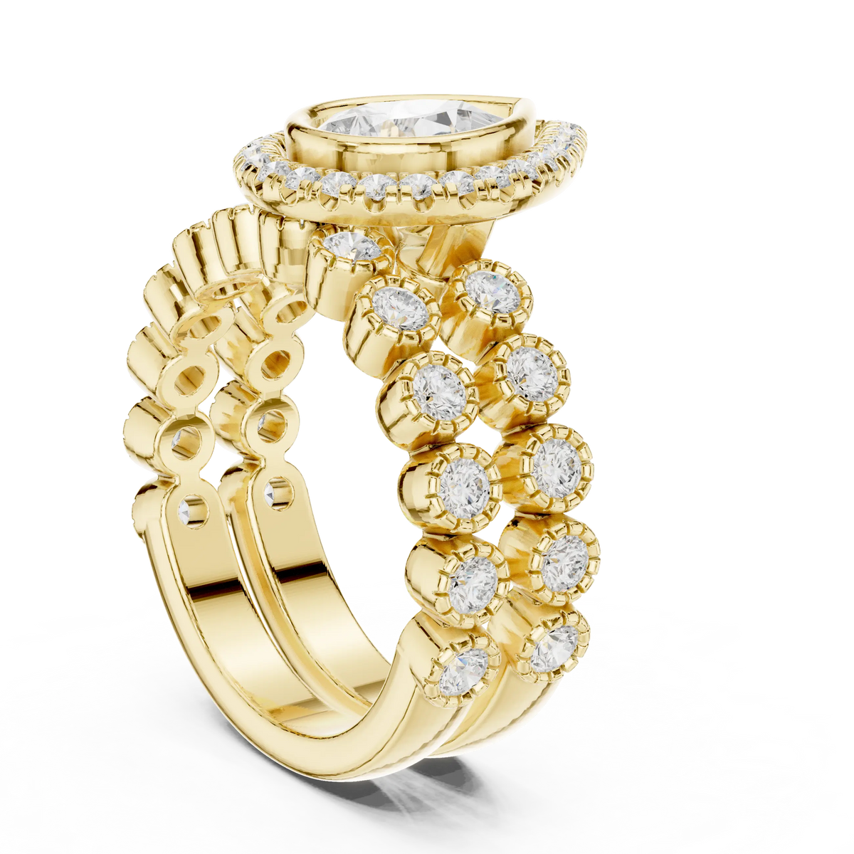 2.04 Cts Lab Grown Diamond Pear Shape Bezel Halo Stack Ring with Milgrain Clusters