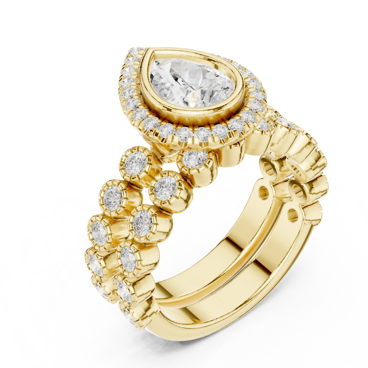 2.04 Cts Lab Grown Diamond Pear Shape Bezel Halo Stack Ring with Milgrain Clusters