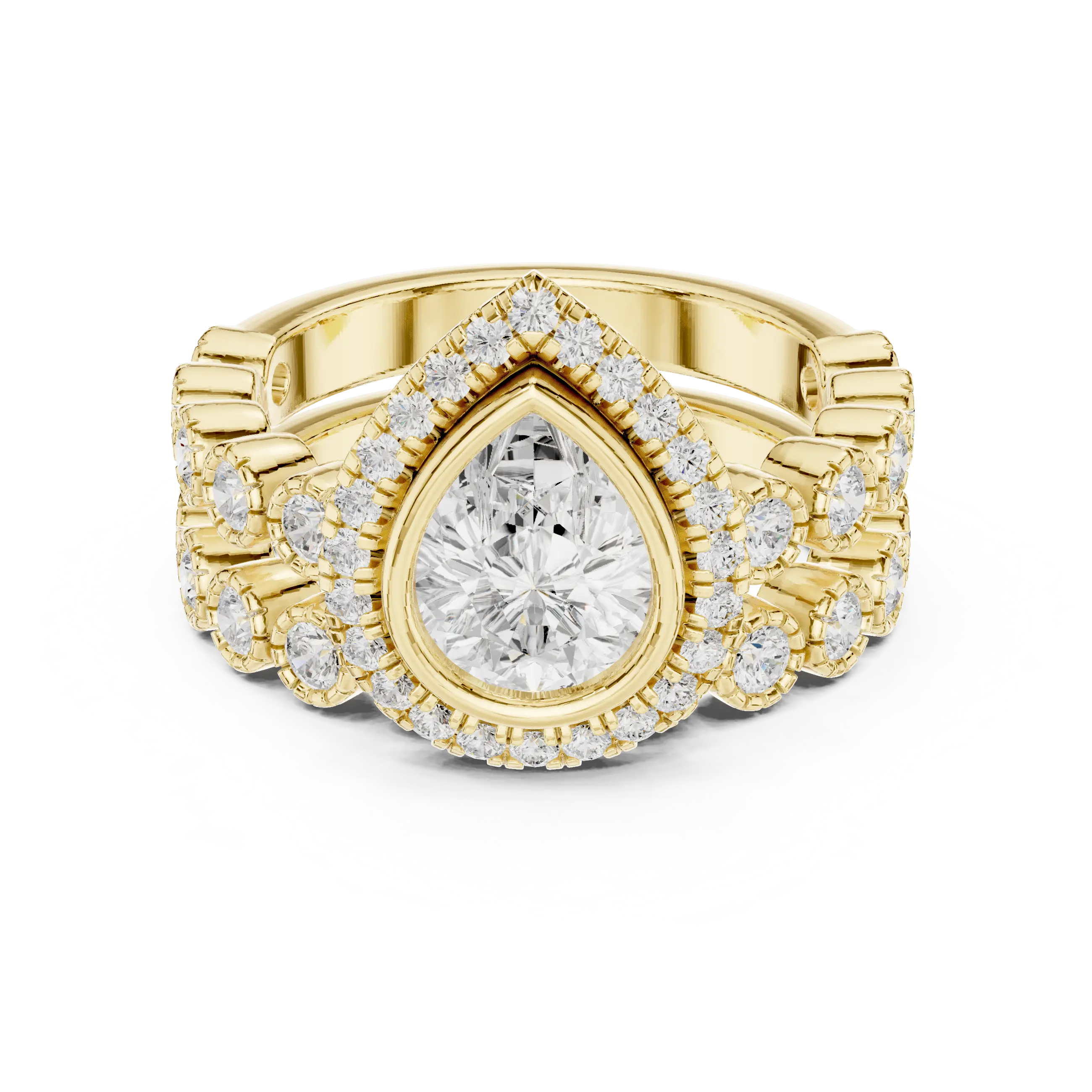 MJTW11 - Pear Shape Bezel Halo Stack Ring with Milgrain Clusters