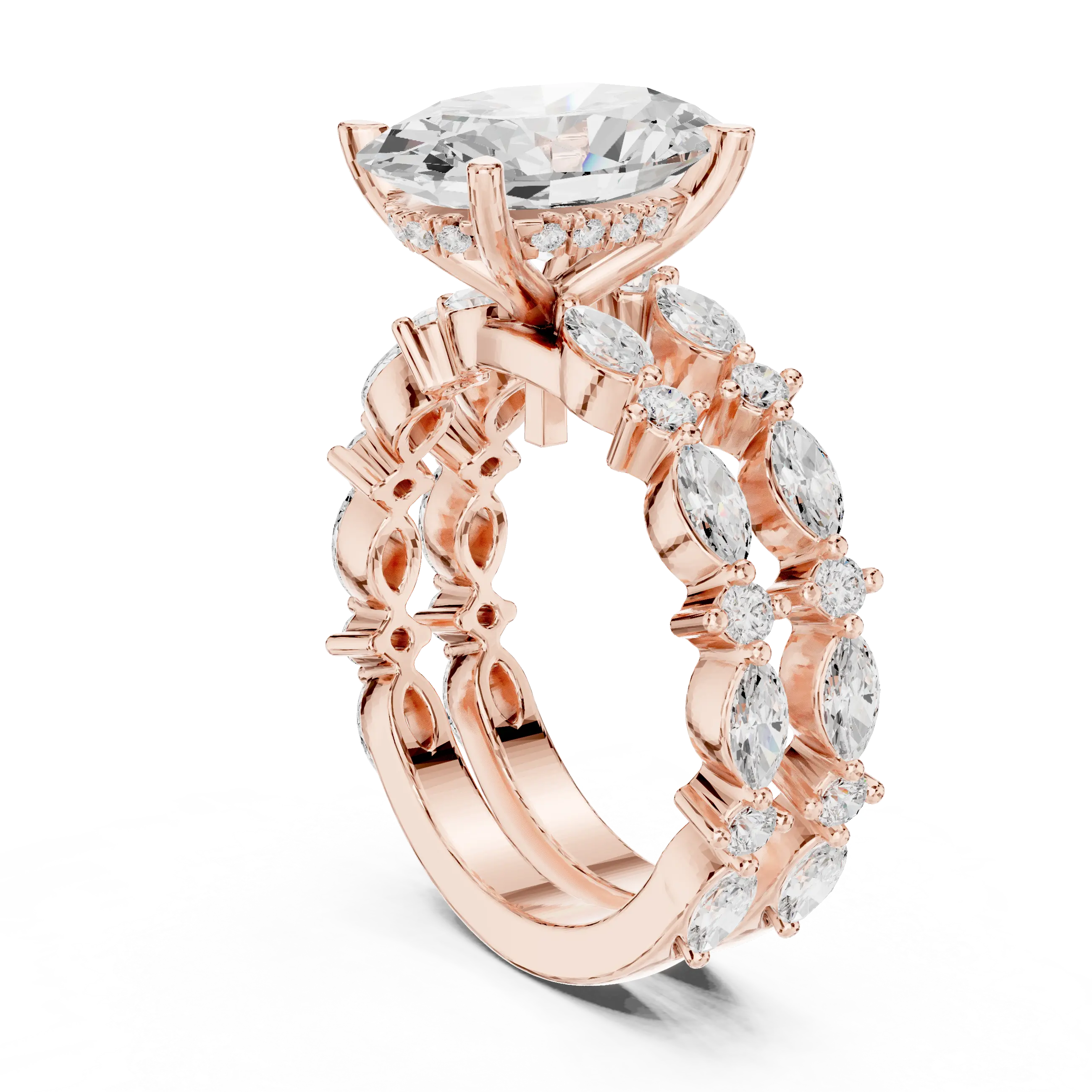 MJTW14 - Oval Cut Hidden Halo Solitaire with Marquise Shape Bands