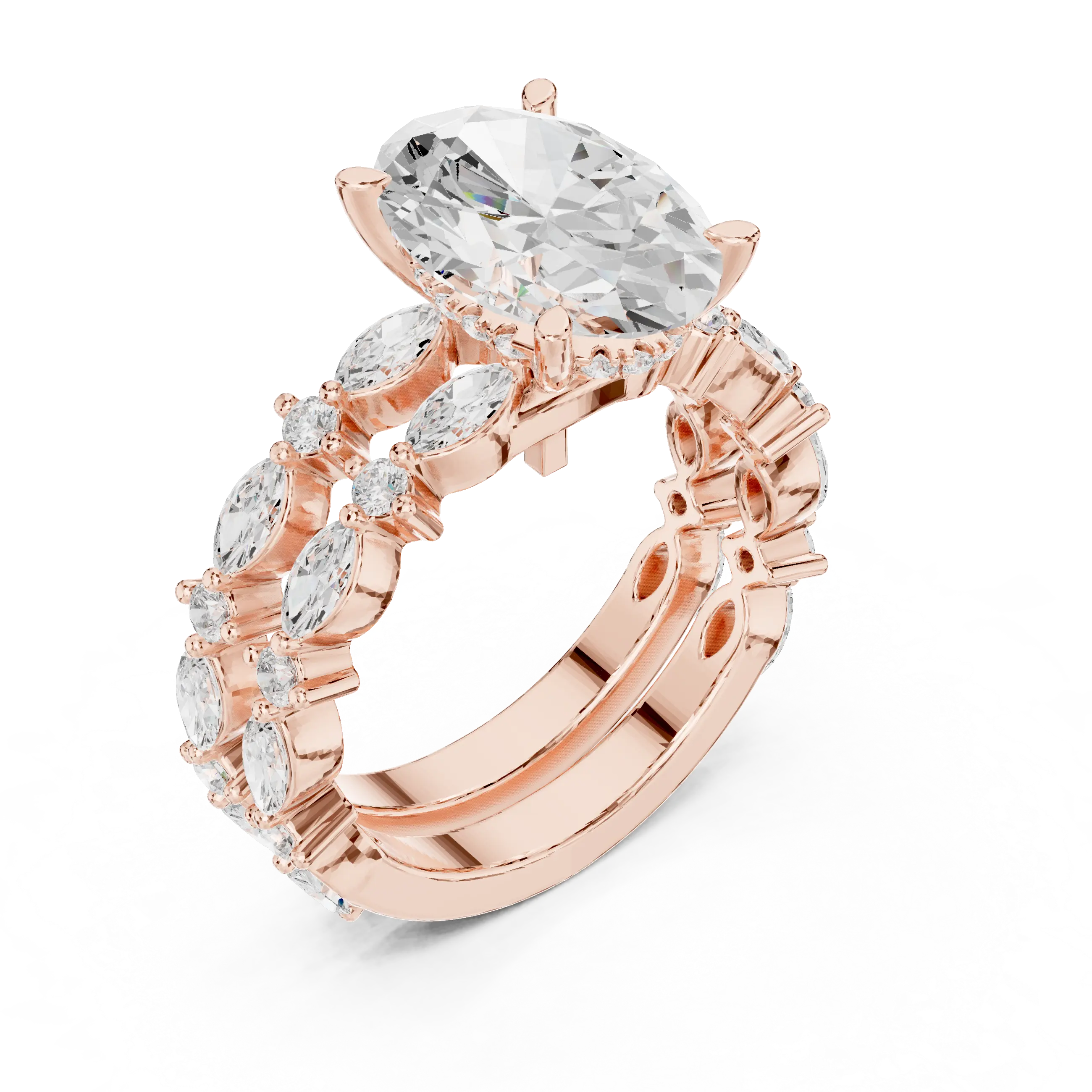 MJTW14 - Oval Cut Hidden Halo Solitaire with Marquise Shape Bands