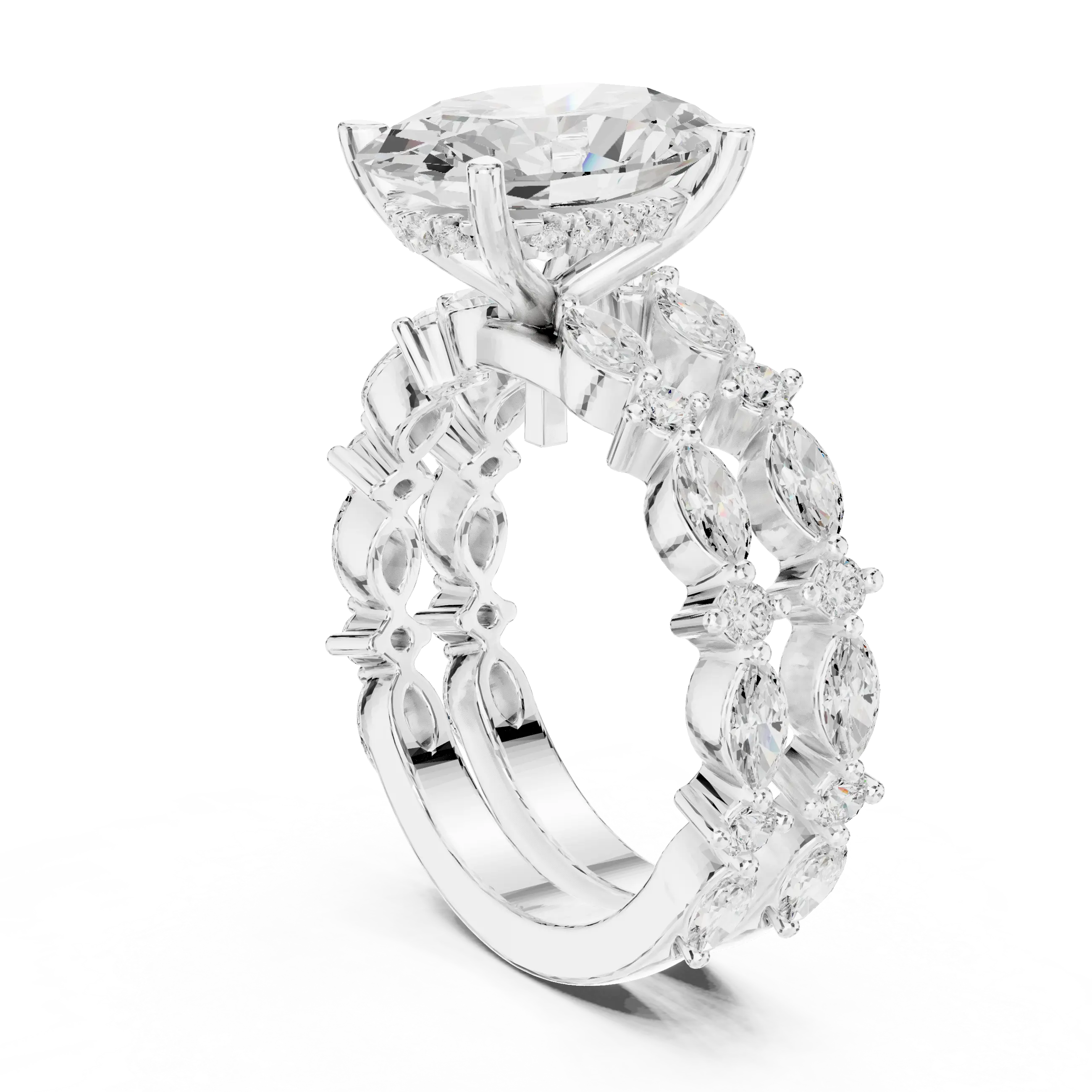 MJTW14 - Oval Cut Hidden Halo Solitaire with Marquise Shape Bands