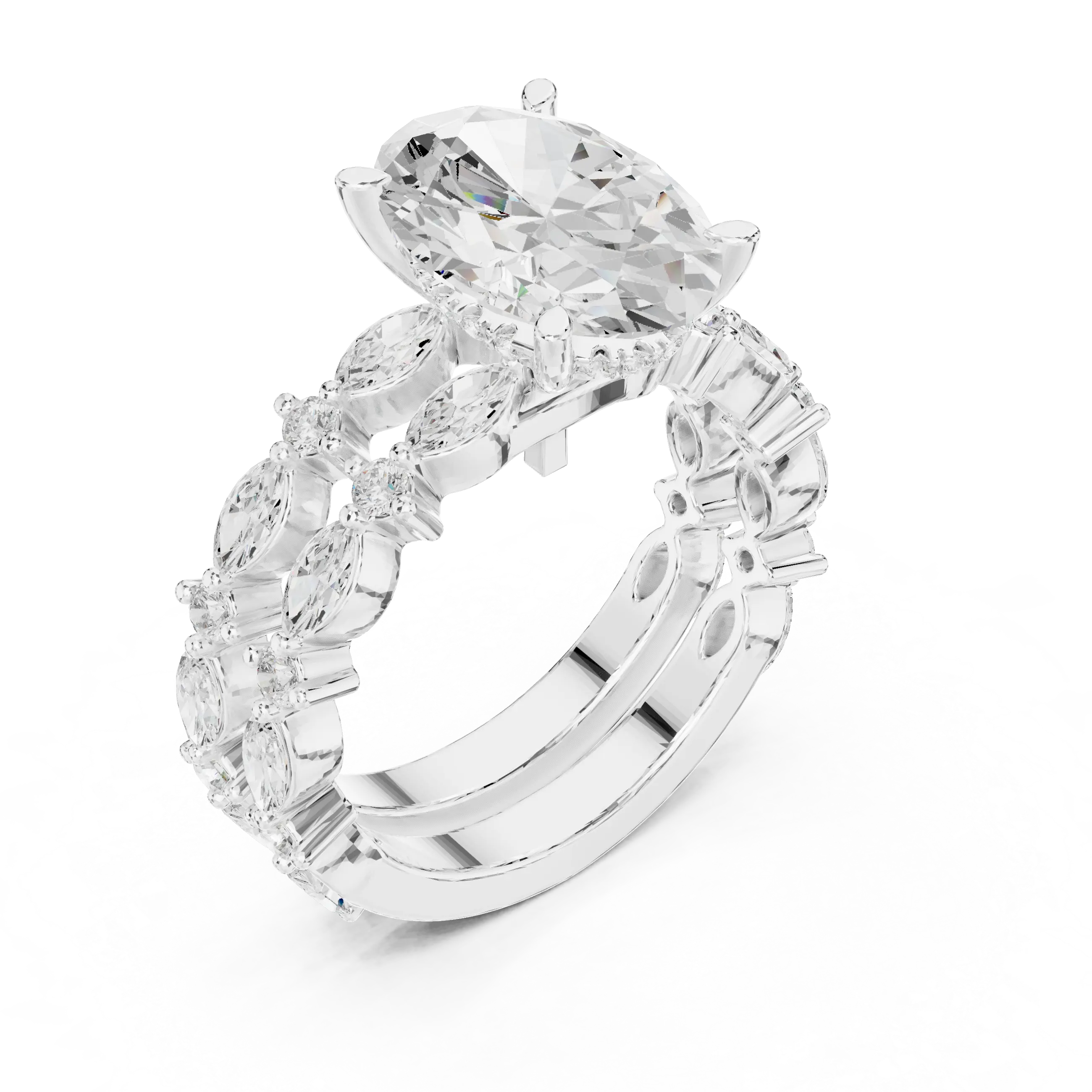 MJTW14 - Oval Cut Hidden Halo Solitaire with Marquise Shape Bands