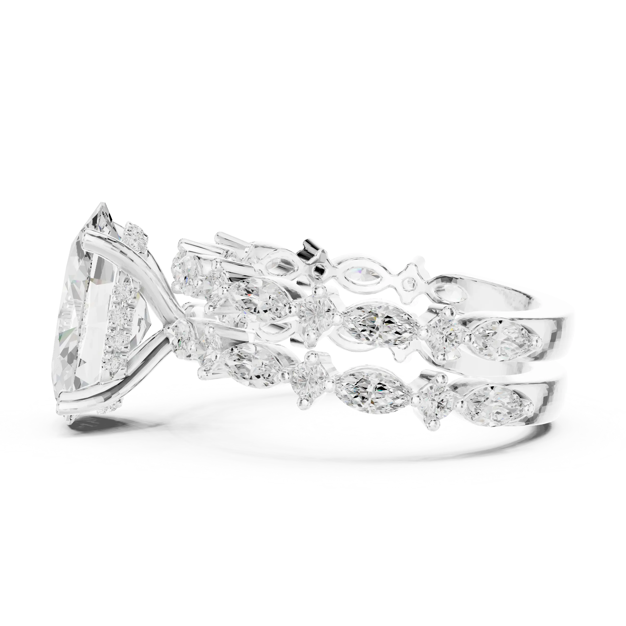 MJTW14 - Oval Cut Hidden Halo Solitaire with Marquise Shape Bands