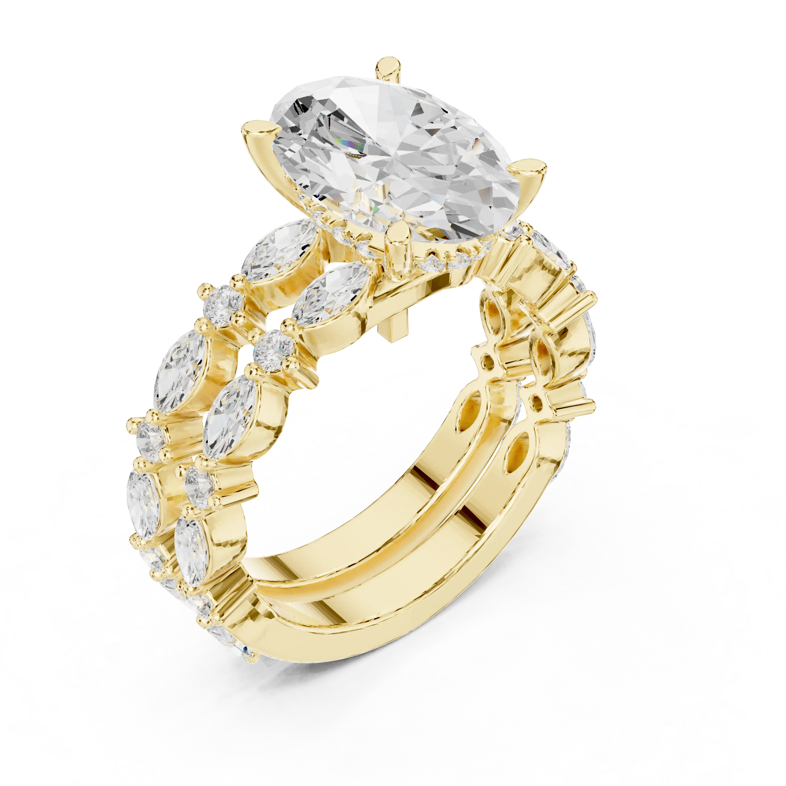 MJTW14 - Oval Cut Hidden Halo Solitaire with Marquise Shape Bands