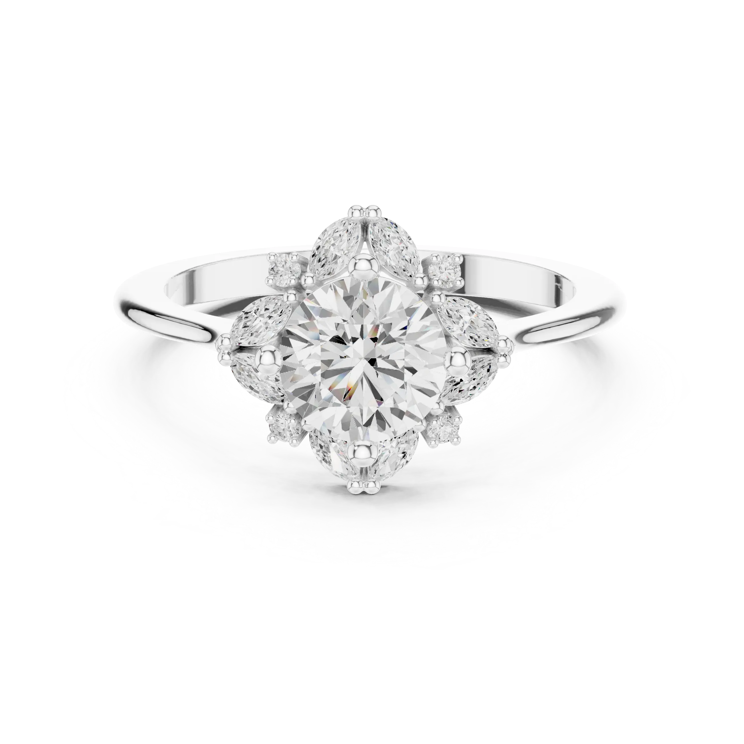 MJR0131 - Round Cut Floral Starburst Ring with Marquise Side Accents