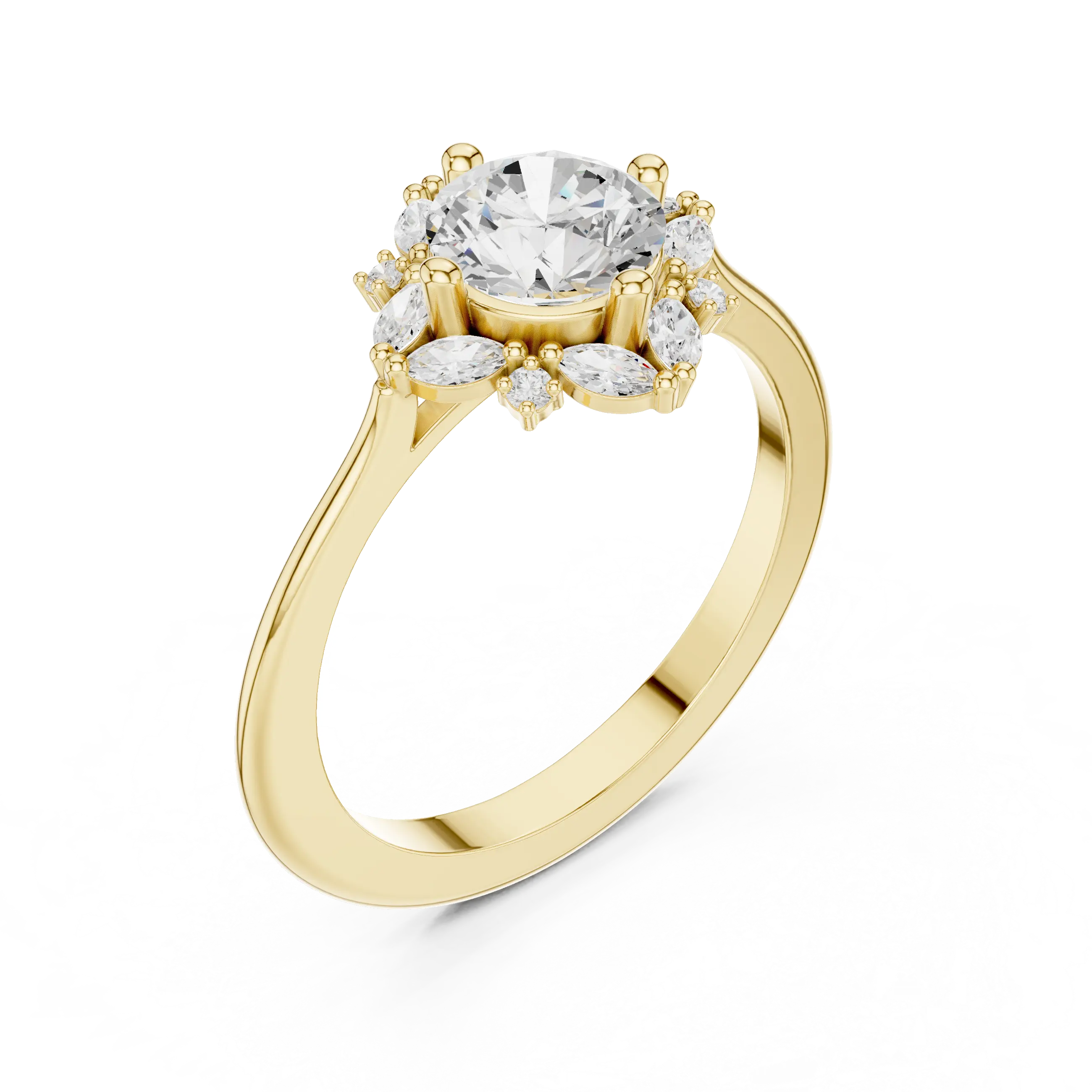 MJR0131 - Round Cut Floral Starburst Ring with Marquise Side Accents