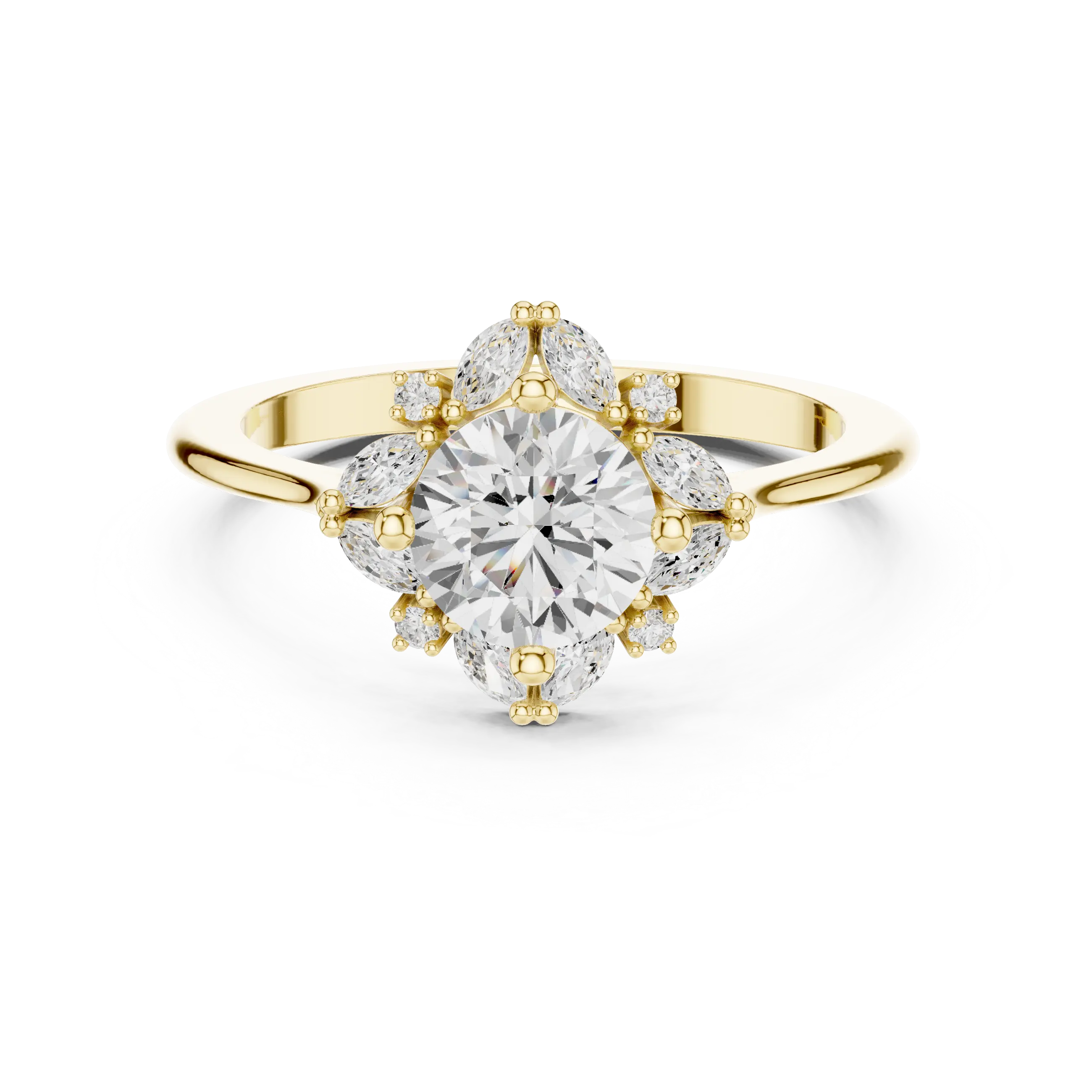 MJR0131 - Round Cut Floral Starburst Ring with Marquise Side Accents