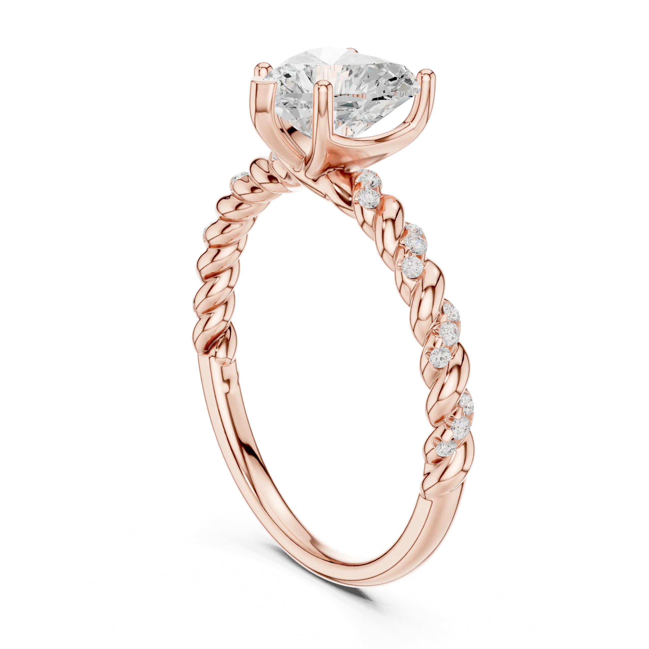 MJR0135 - Heart Cut Solitaire Ring with Twisted Rope Pavé Band