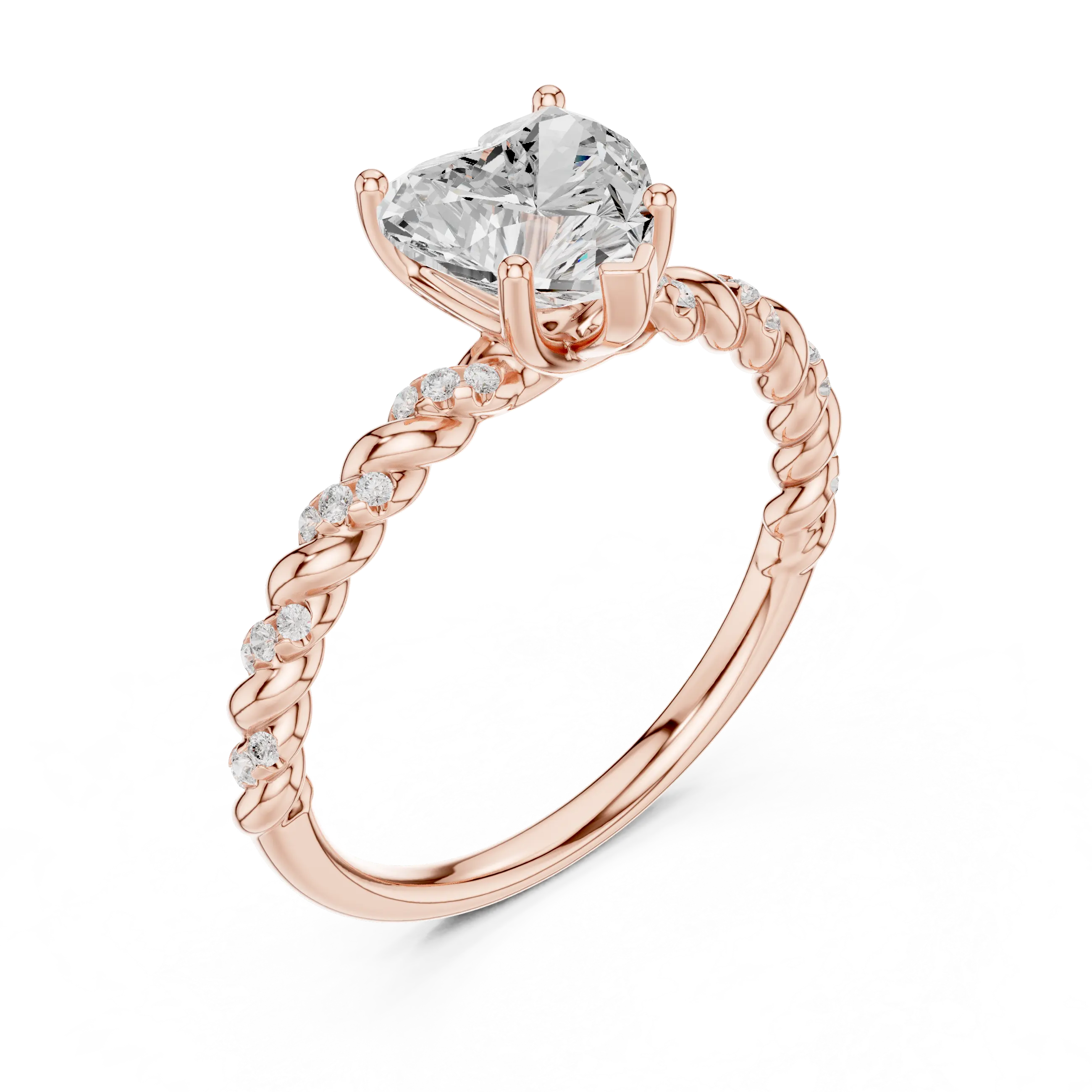 MJR0135 - Heart Cut Solitaire Ring with Twisted Rope Pavé Band