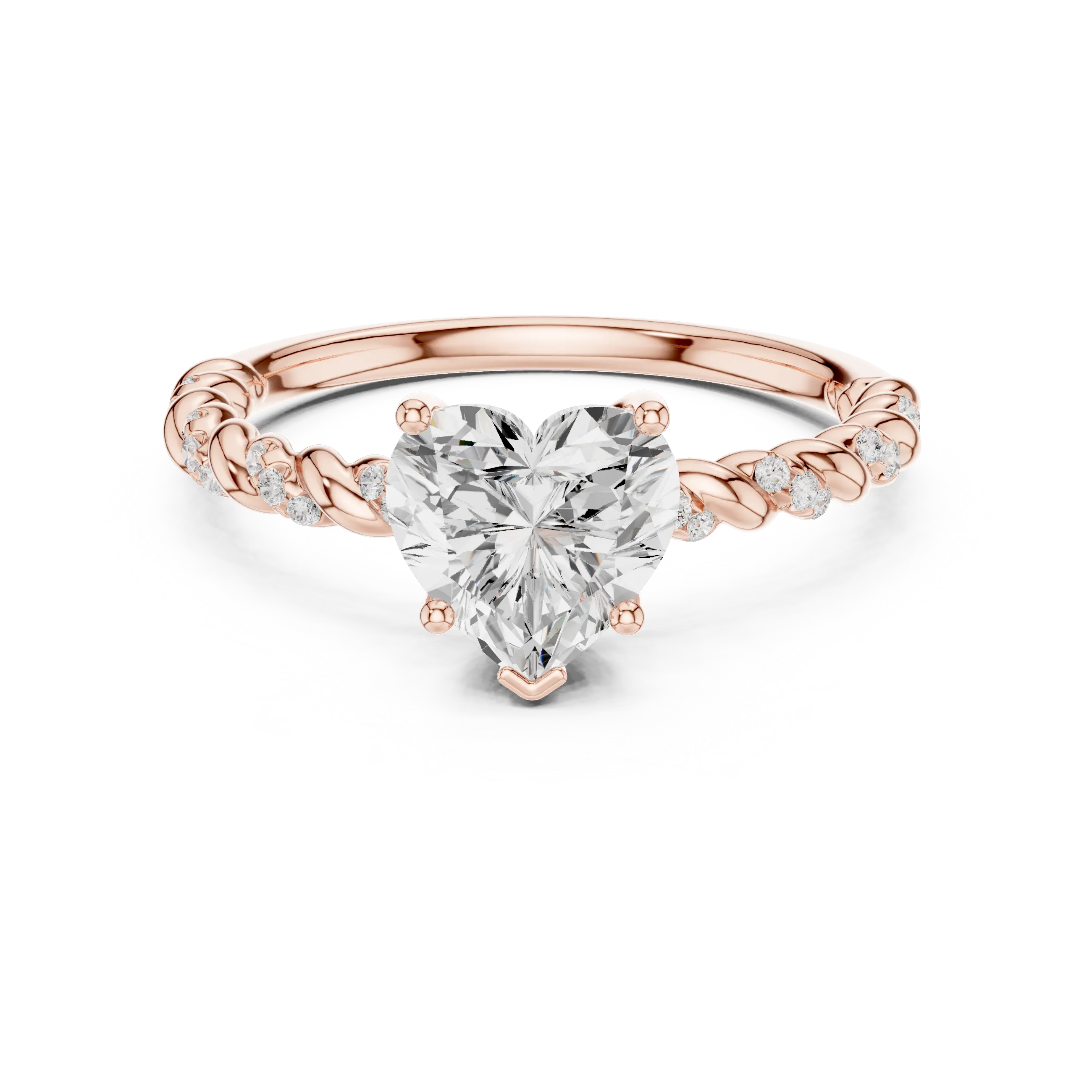 MJR0135 - Heart Cut Solitaire Ring with Twisted Rope Pavé Band