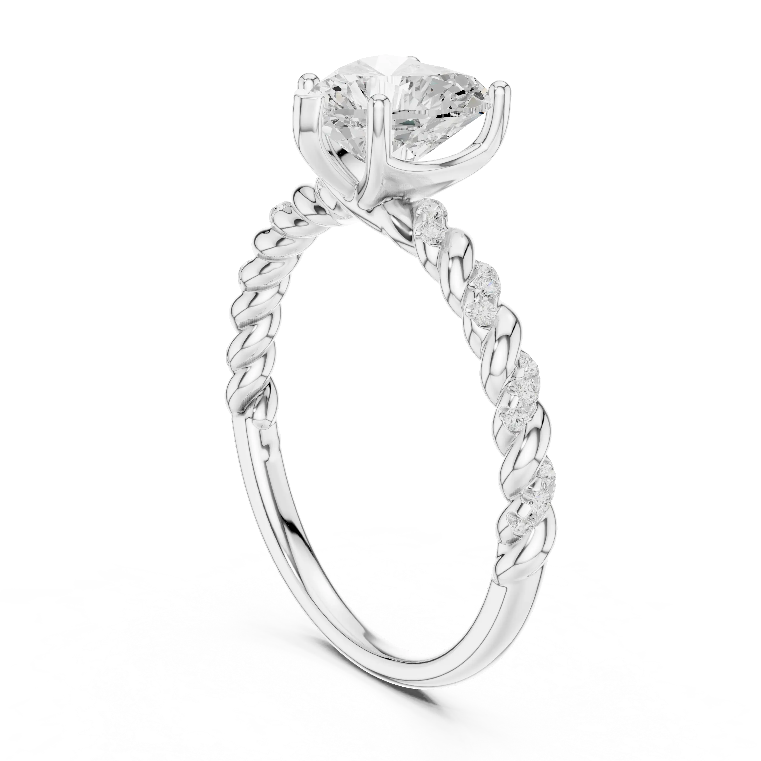 MJR0135 - Heart Cut Solitaire Ring with Twisted Rope Pavé Band