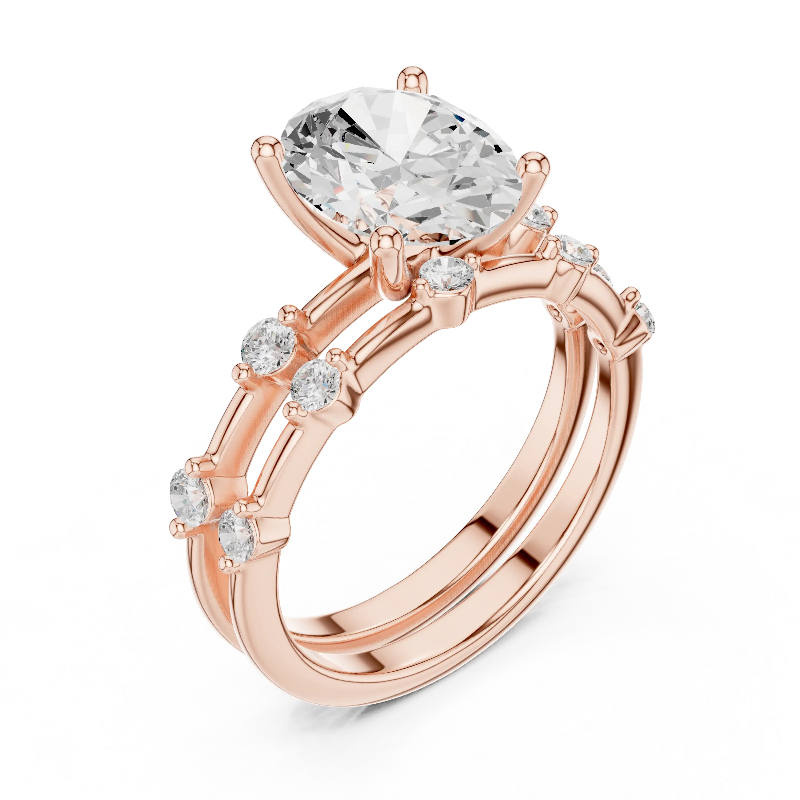 MJTW15 - Oval Cut Solitaire Ring with Stationed Accent Band