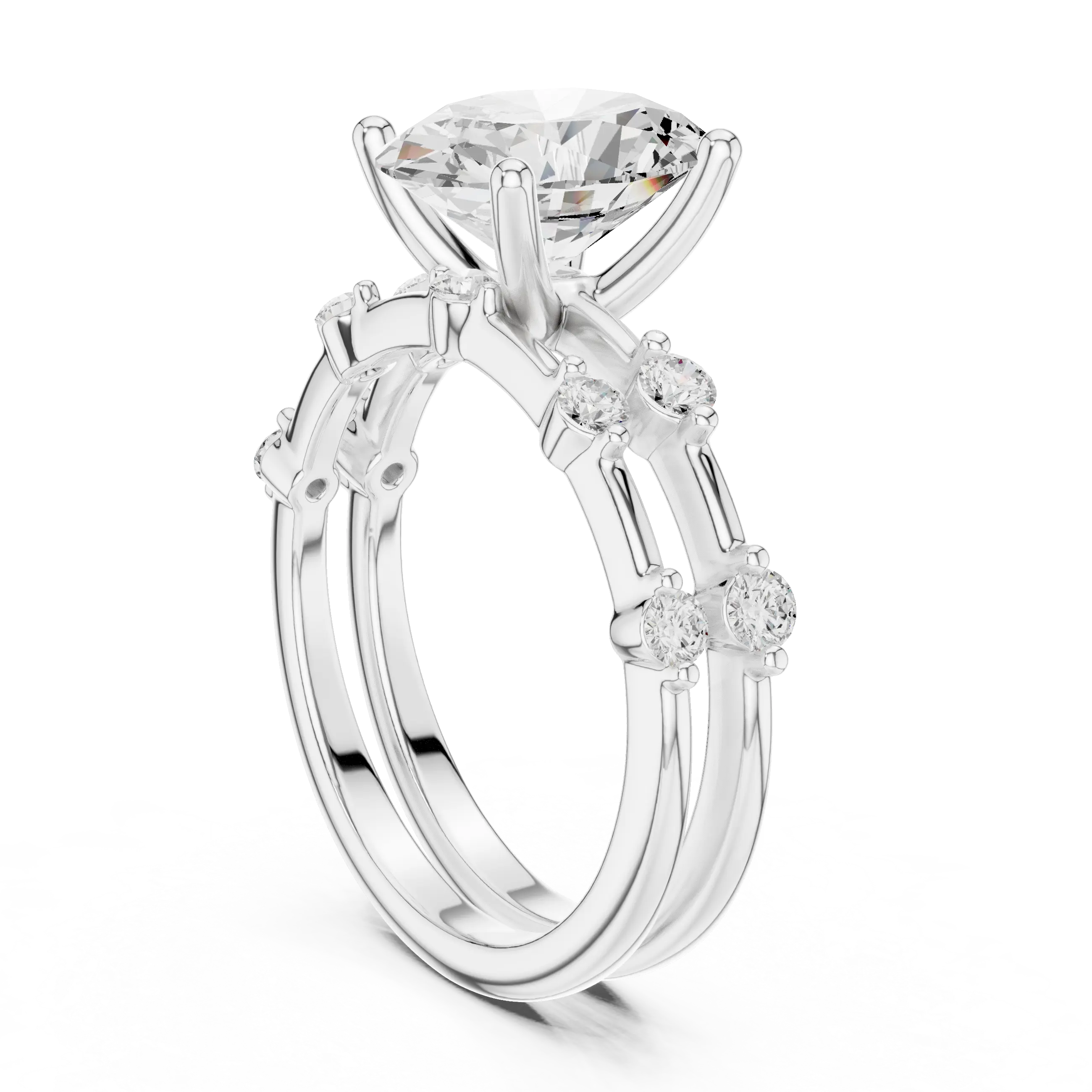 MJTW15 - Oval Cut Solitaire Ring with Stationed Accent Band