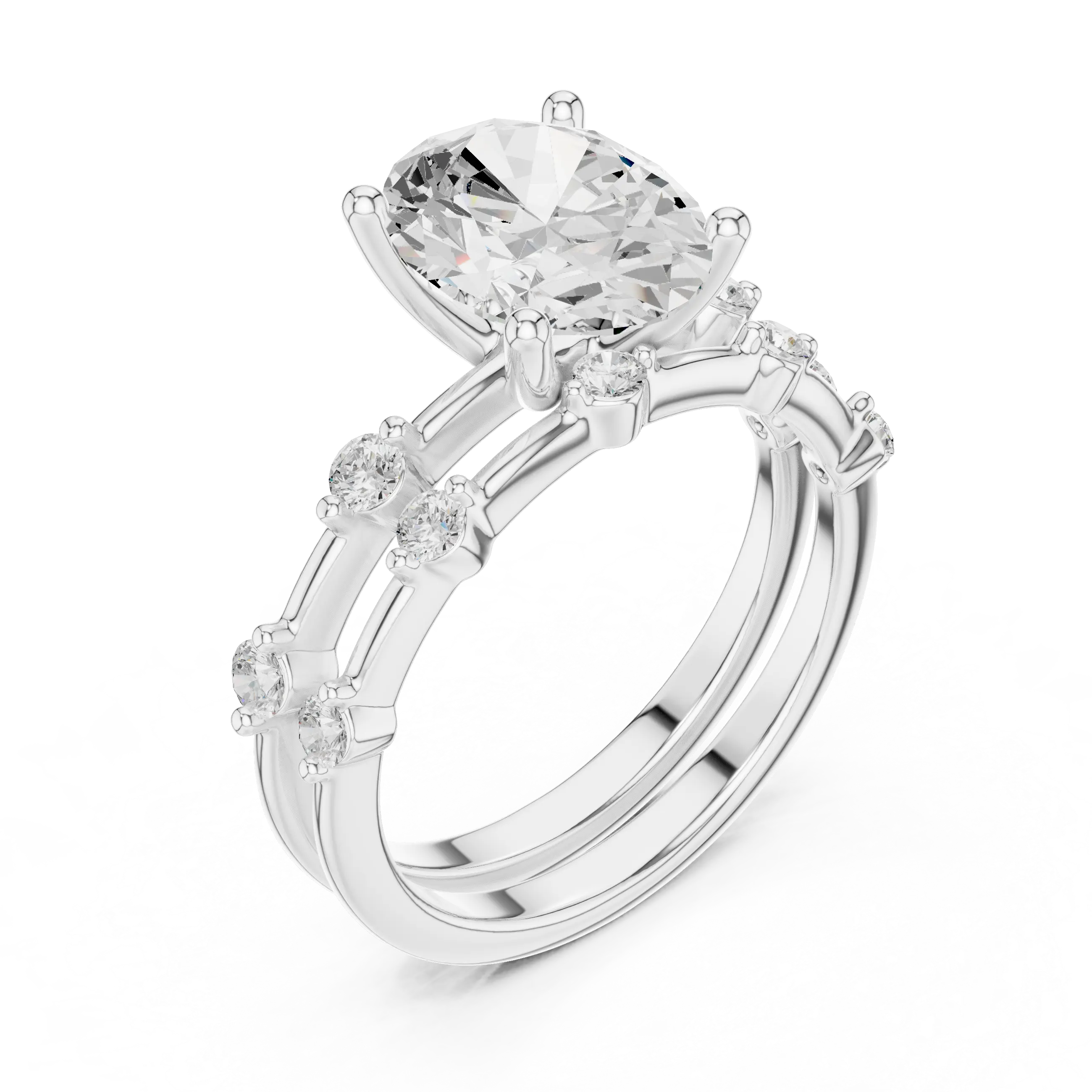 MJTW15 - Oval Cut Solitaire Ring with Stationed Accent Band