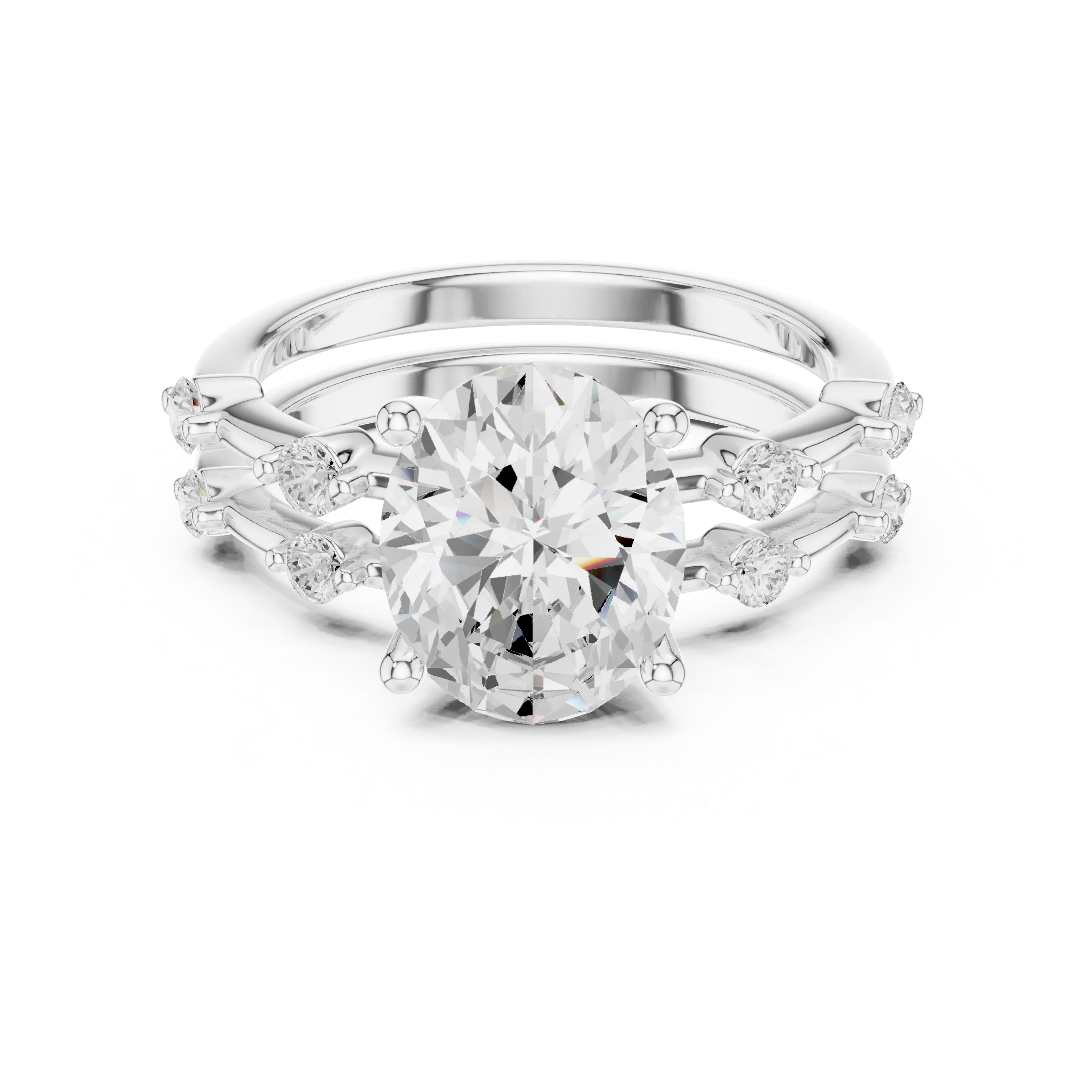 MJTW15 - Oval Cut Solitaire Ring with Stationed Accent Band