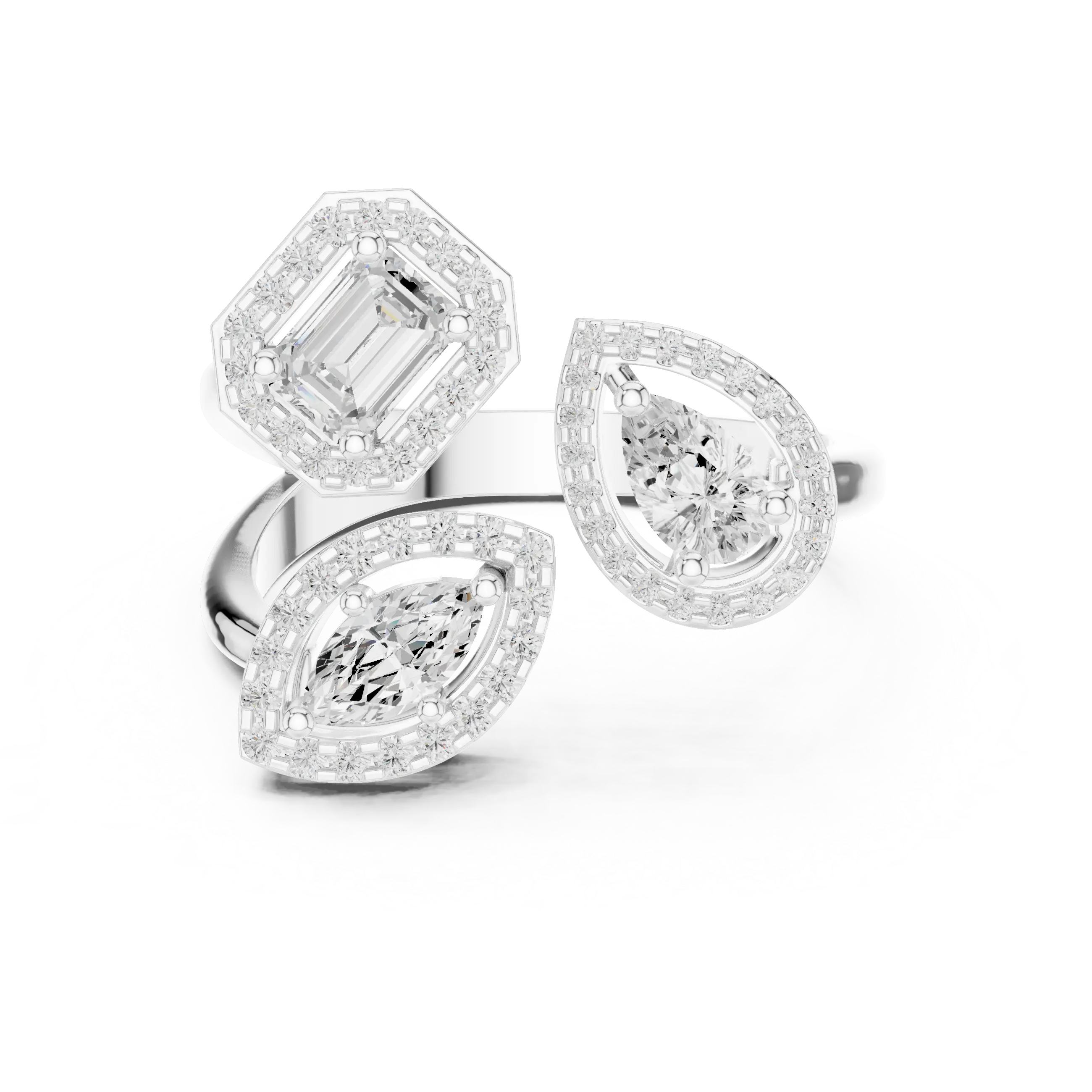 MJR0112 - Multi-Shape Trio Cluster Ring with Halo Framed Stones