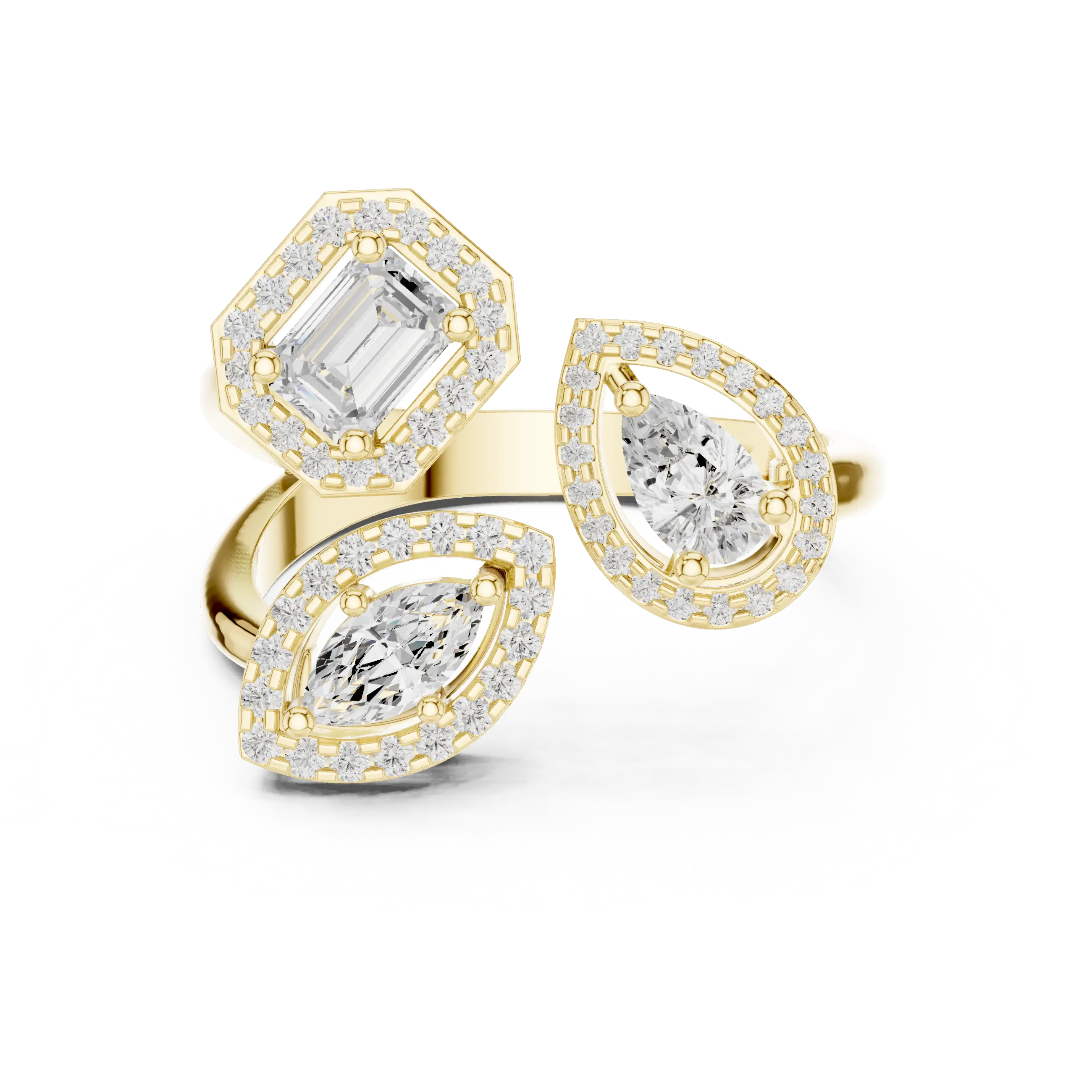 MJR0112 - Multi-Shape Trio Cluster Ring with Halo Framed Stones