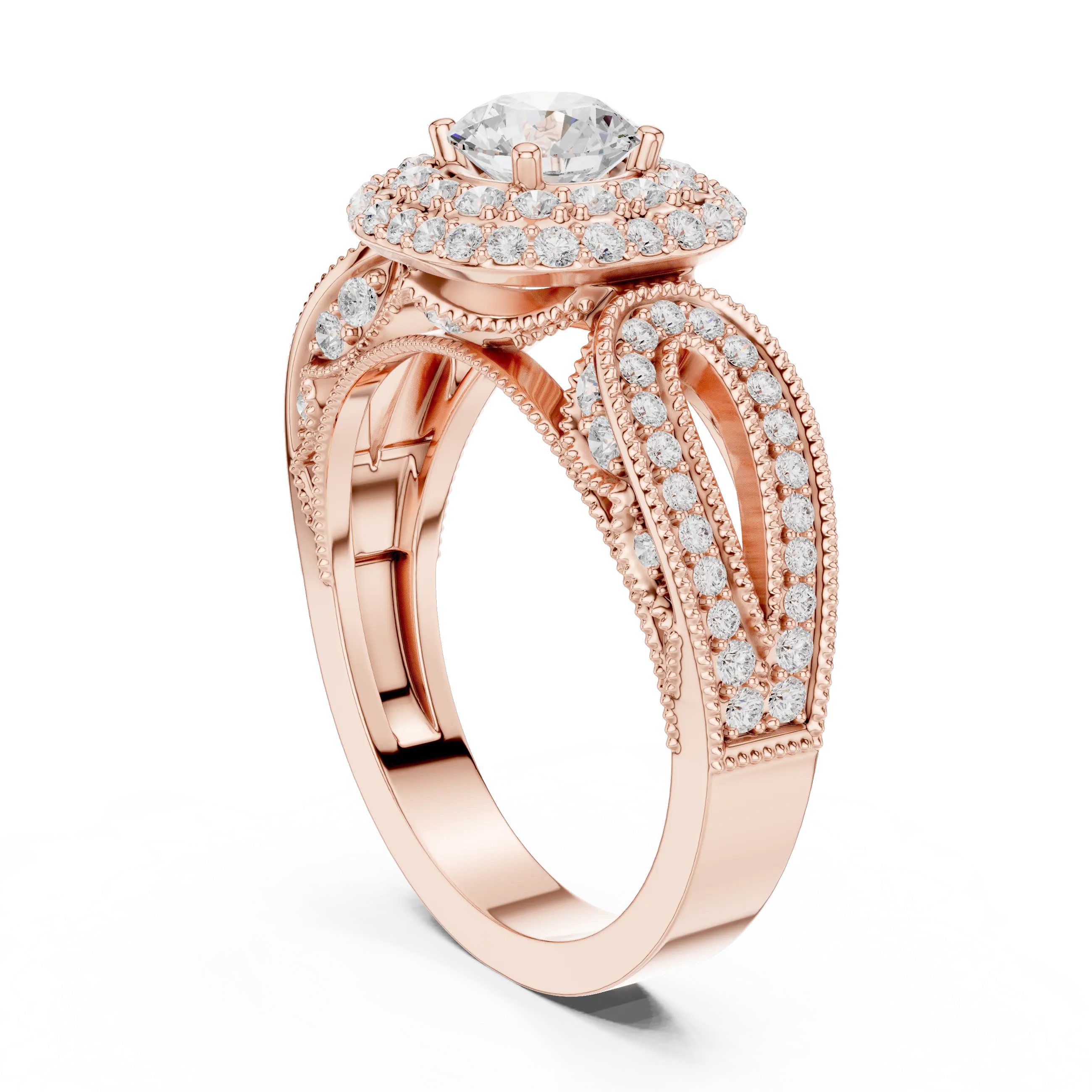 MJA014 - Encrusted Cushion Double Halo Statement Ring with Openwork Split Shank