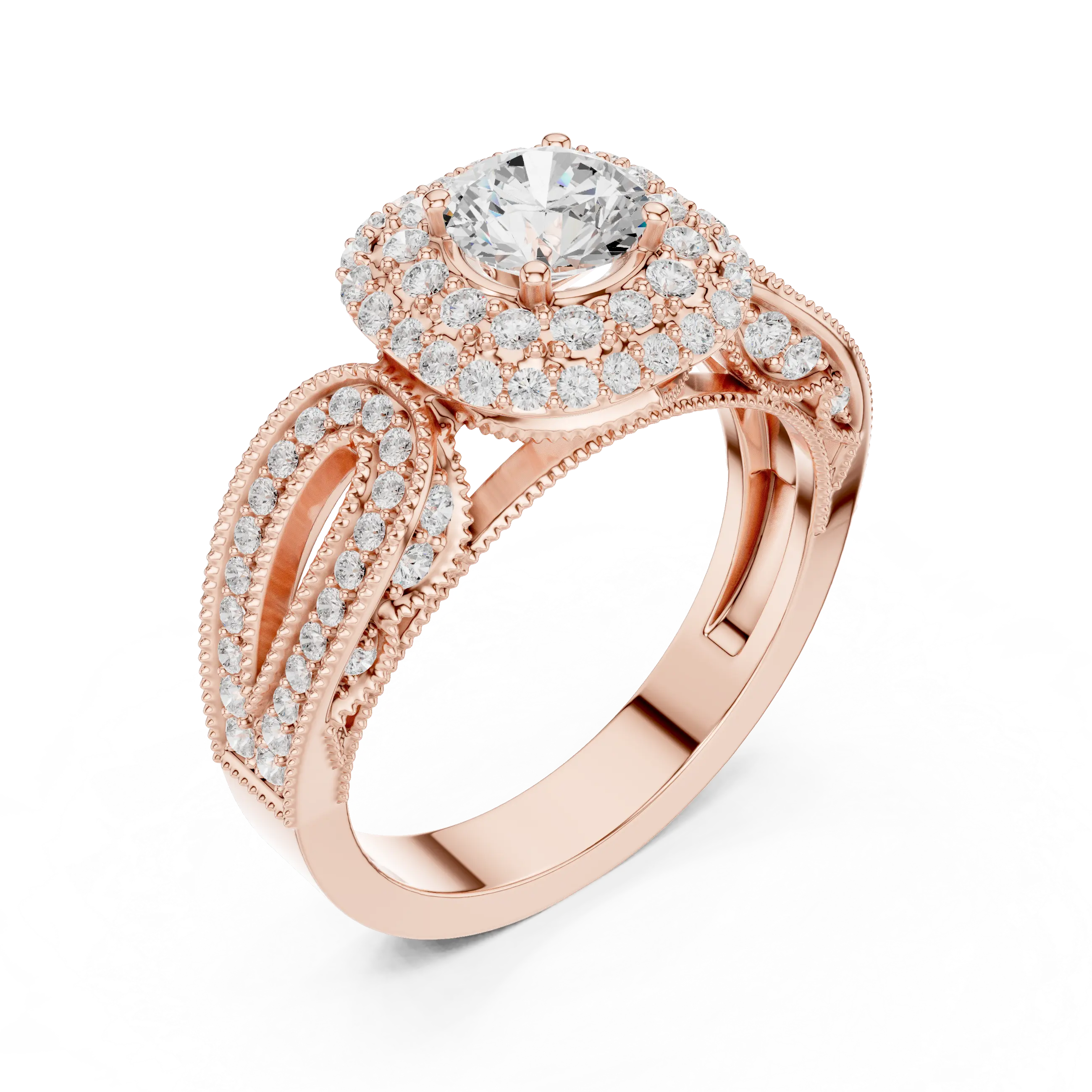 MJA014 - Encrusted Cushion Double Halo Statement Ring with Openwork Split Shank