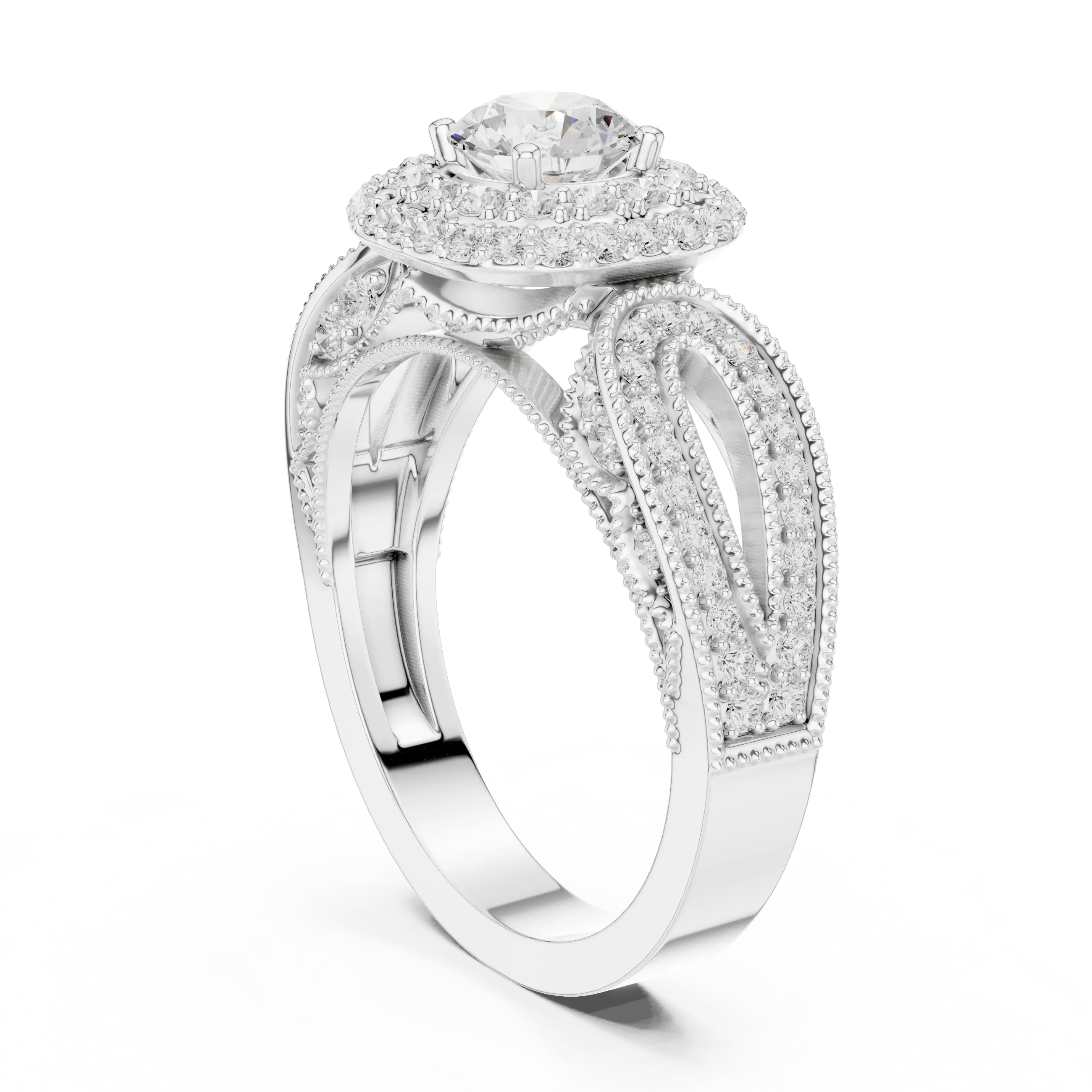 MJA014 - Encrusted Cushion Double Halo Statement Ring with Openwork Split Shank