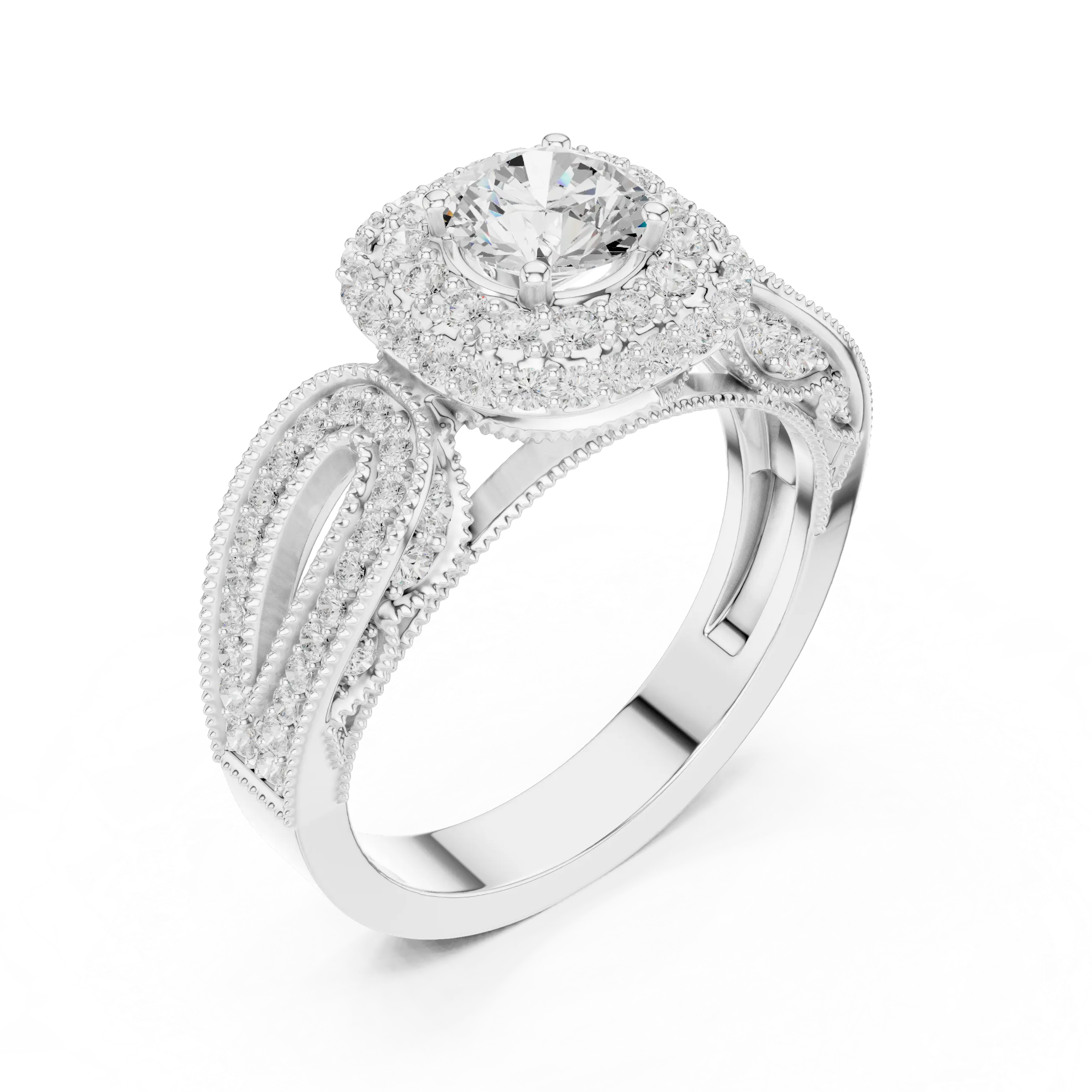 MJA014 - Encrusted Cushion Double Halo Statement Ring with Openwork Split Shank