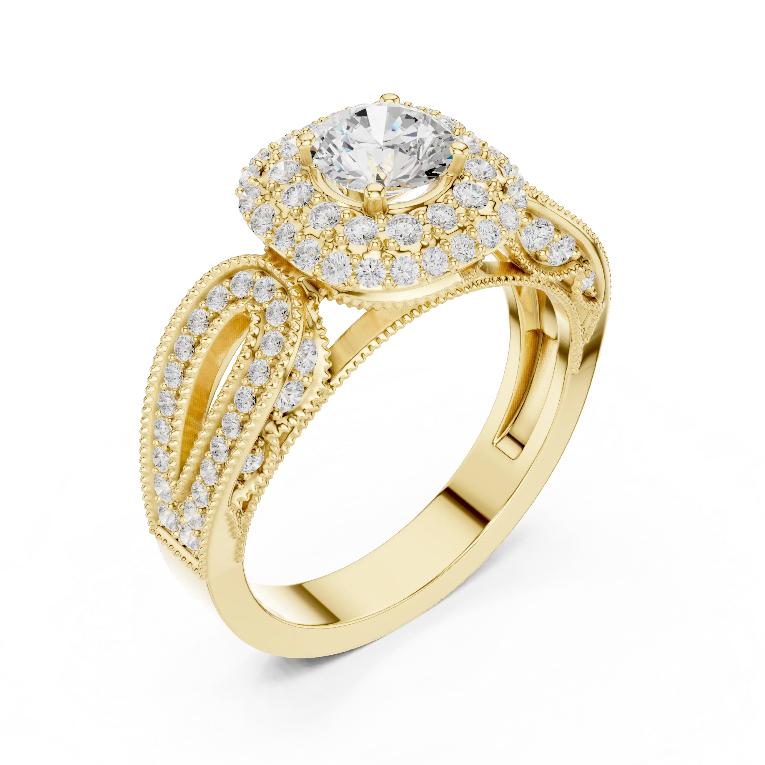 MJA014 - Encrusted Cushion Double Halo Statement Ring with Openwork Split Shank