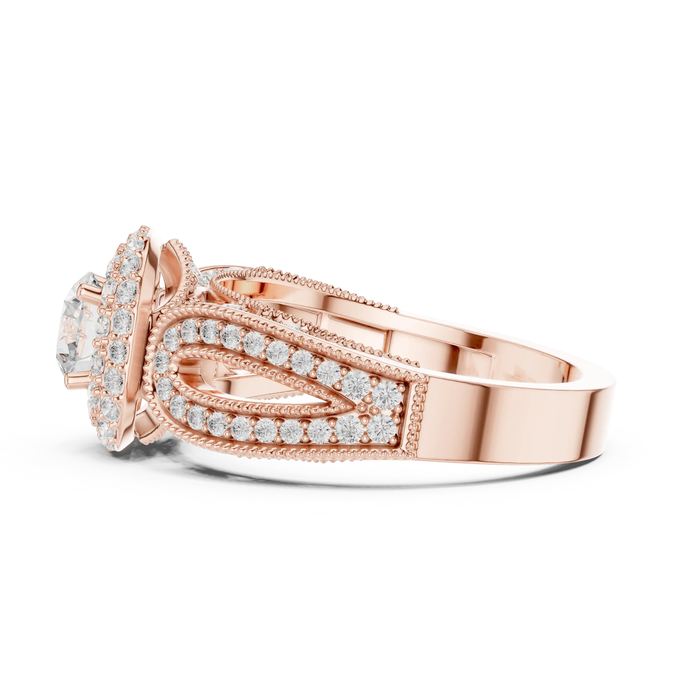 MJA014 - Encrusted Cushion Double Halo Statement Ring with Openwork Split Shank