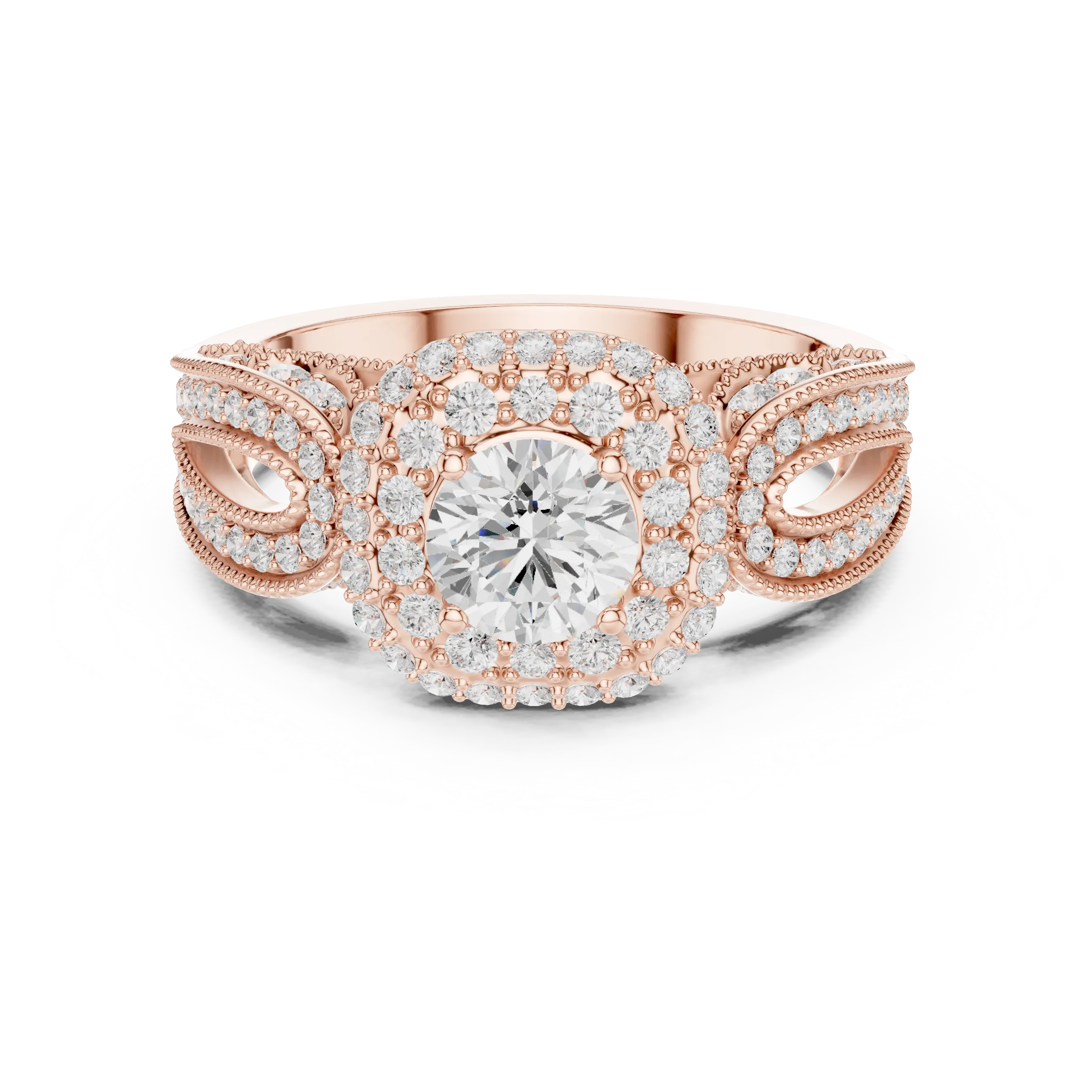 MJA014 - Encrusted Cushion Double Halo Statement Ring with Openwork Split Shank