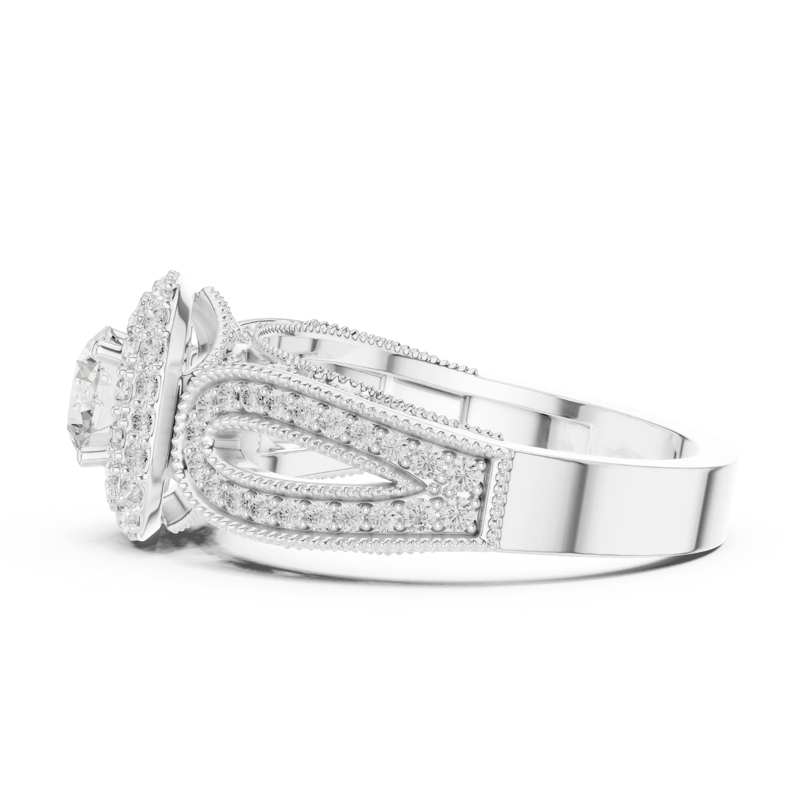 MJA014 - Encrusted Cushion Double Halo Statement Ring with Openwork Split Shank