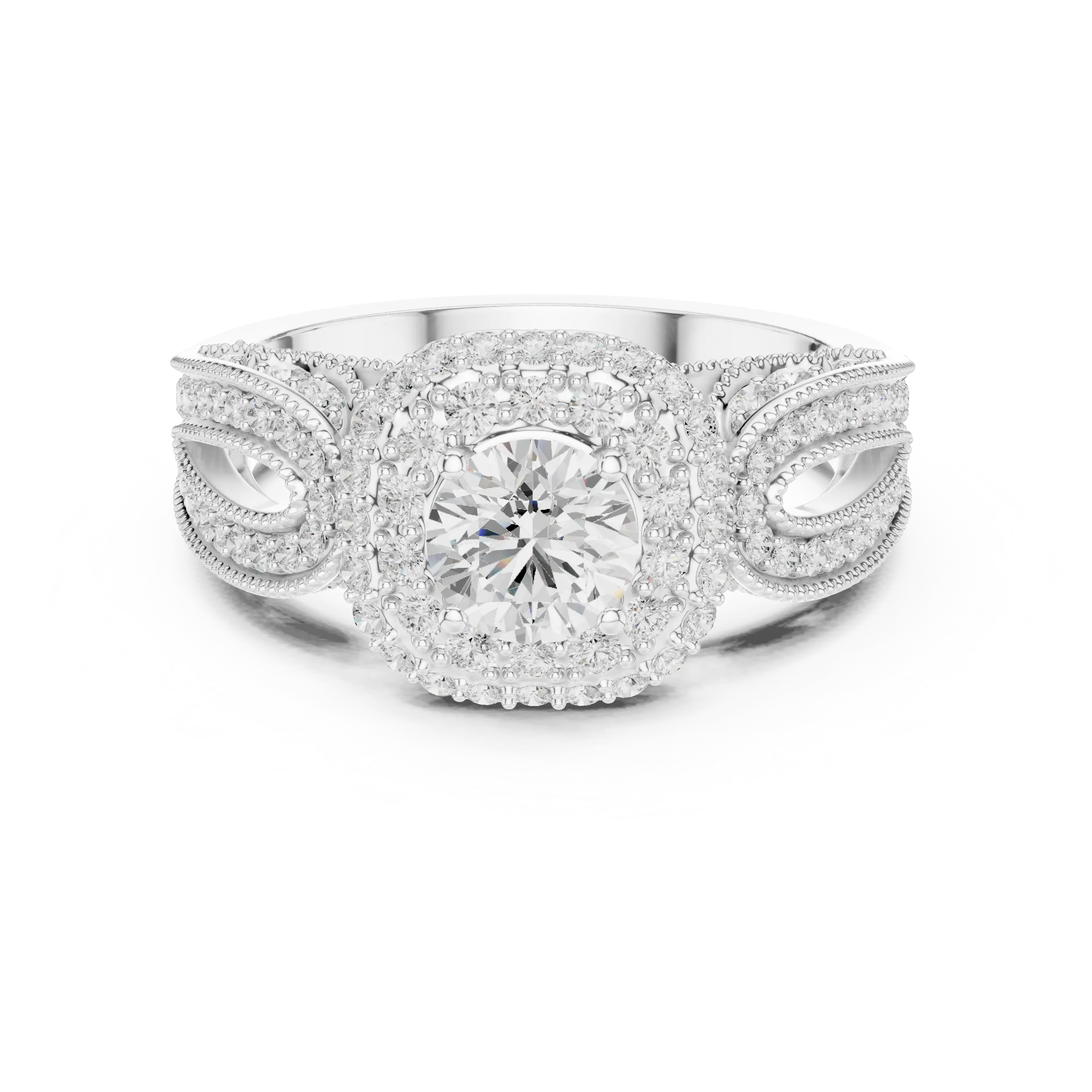 MJA014 - Encrusted Cushion Double Halo Statement Ring with Openwork Split Shank