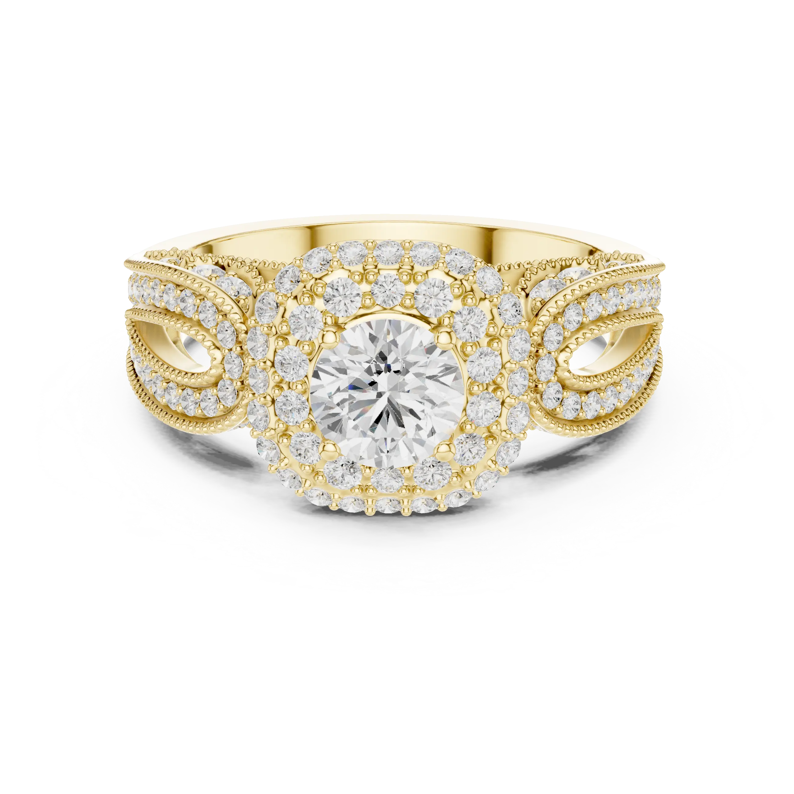 MJA014 - Encrusted Cushion Double Halo Statement Ring with Openwork Split Shank