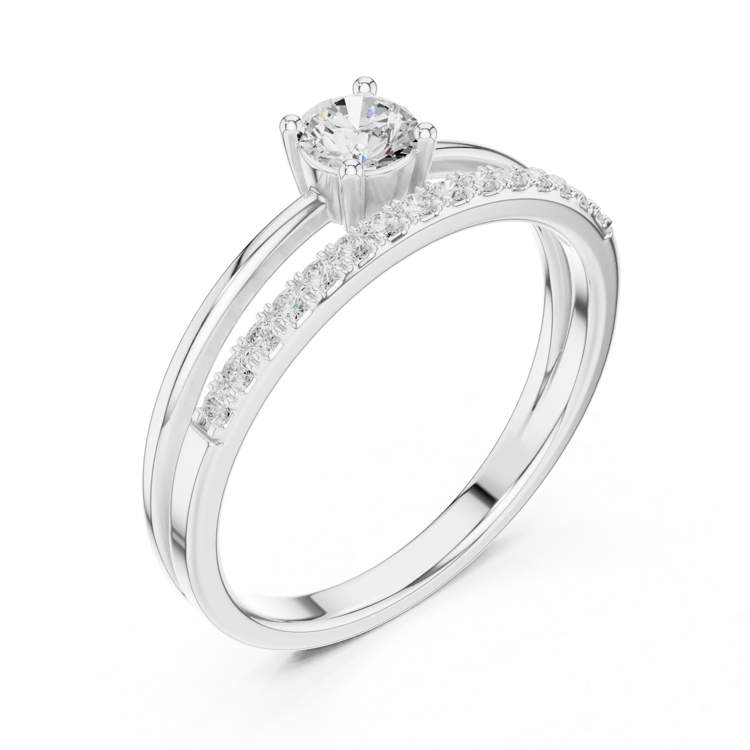 MJR0136 - Round Brilliant Solitaire Ring with Parallel Pavé Accent Band