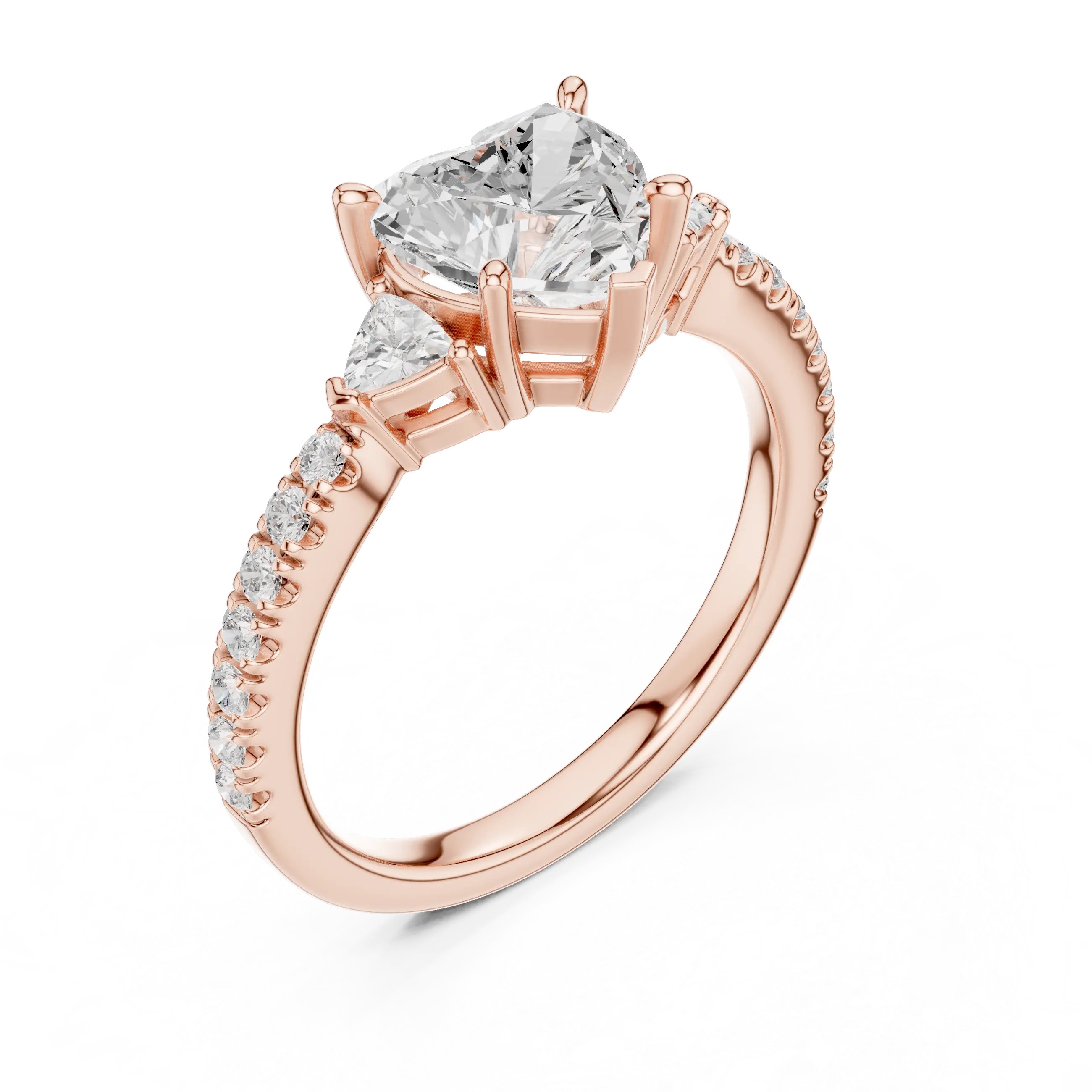 MJR0139 - Heart Cut Three Stone Ring with Pavé Accent Band