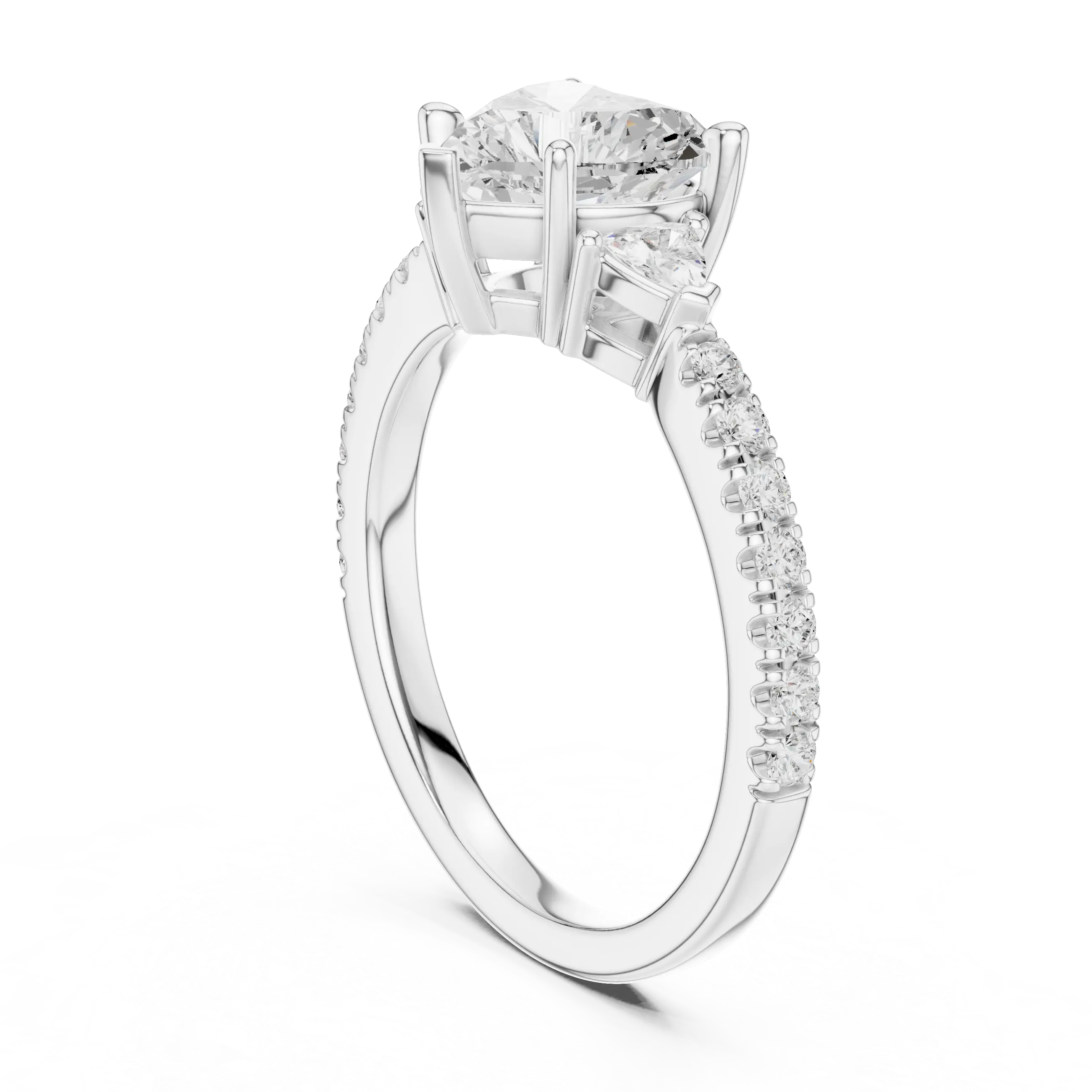 MJR0139 - Heart Cut Three Stone Ring with Pavé Accent Band