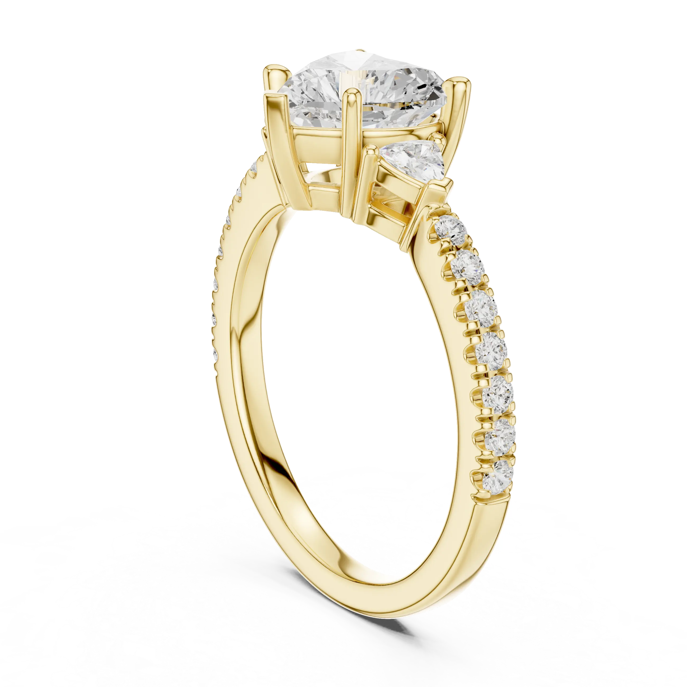 MJR0139 - Heart Cut Three Stone Ring with Pavé Accent Band