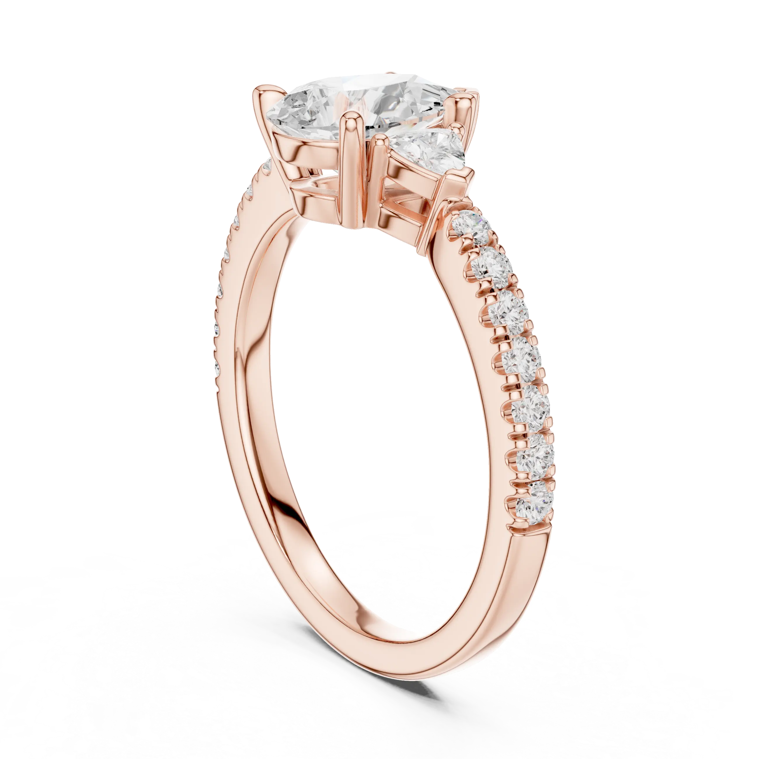 MJR0148 - Teardrop Pear Center Three Stone Ring with Pavé Shank