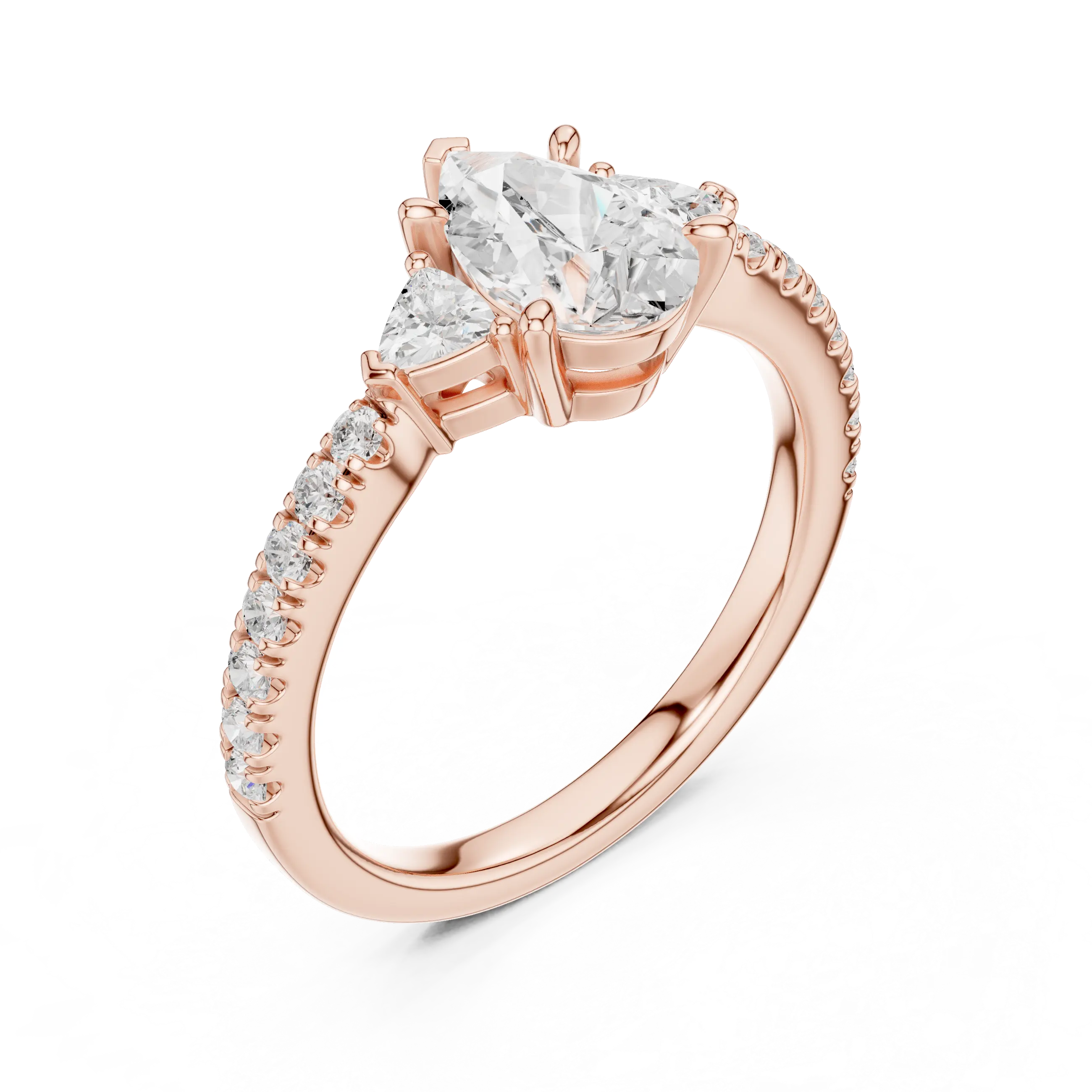 MJR0148 - Teardrop Pear Center Three Stone Ring with Pavé Shank