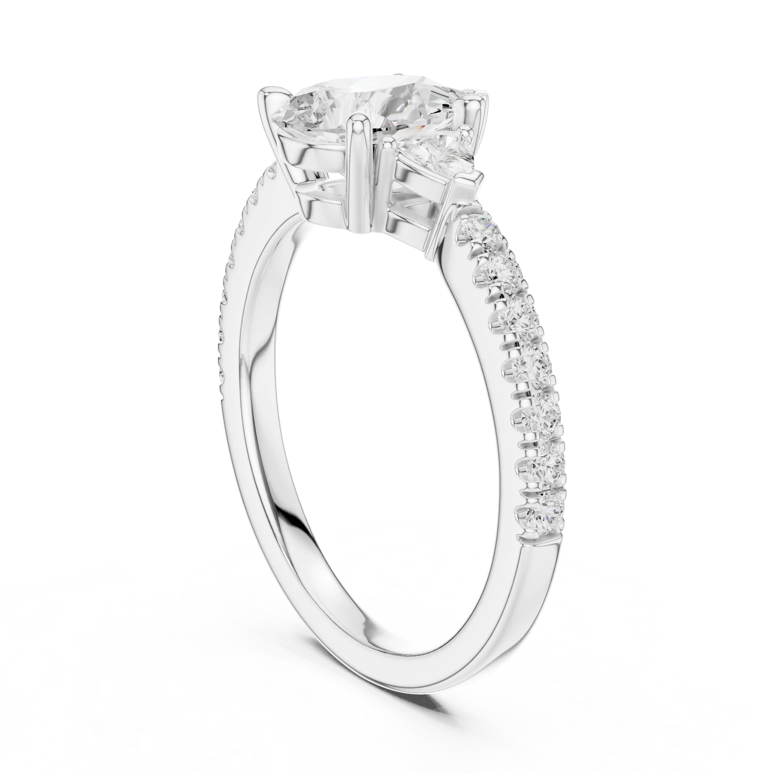 MJR0148 - Teardrop Pear Center Three Stone Ring with Pavé Shank