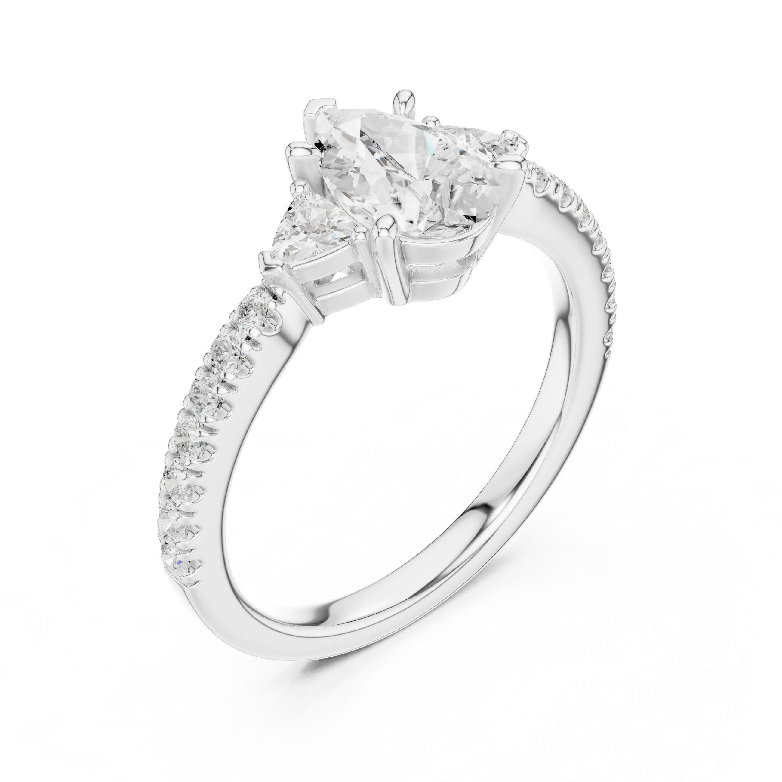 MJR0148 - Teardrop Pear Center Three Stone Ring with Pavé Shank