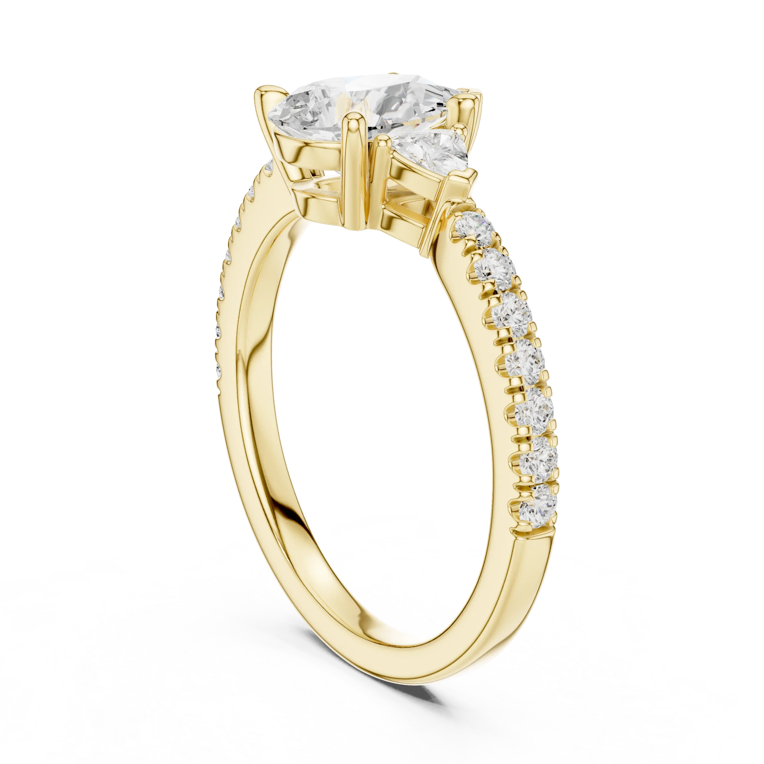 MJR0148 - Teardrop Pear Center Three Stone Ring with Pavé Shank