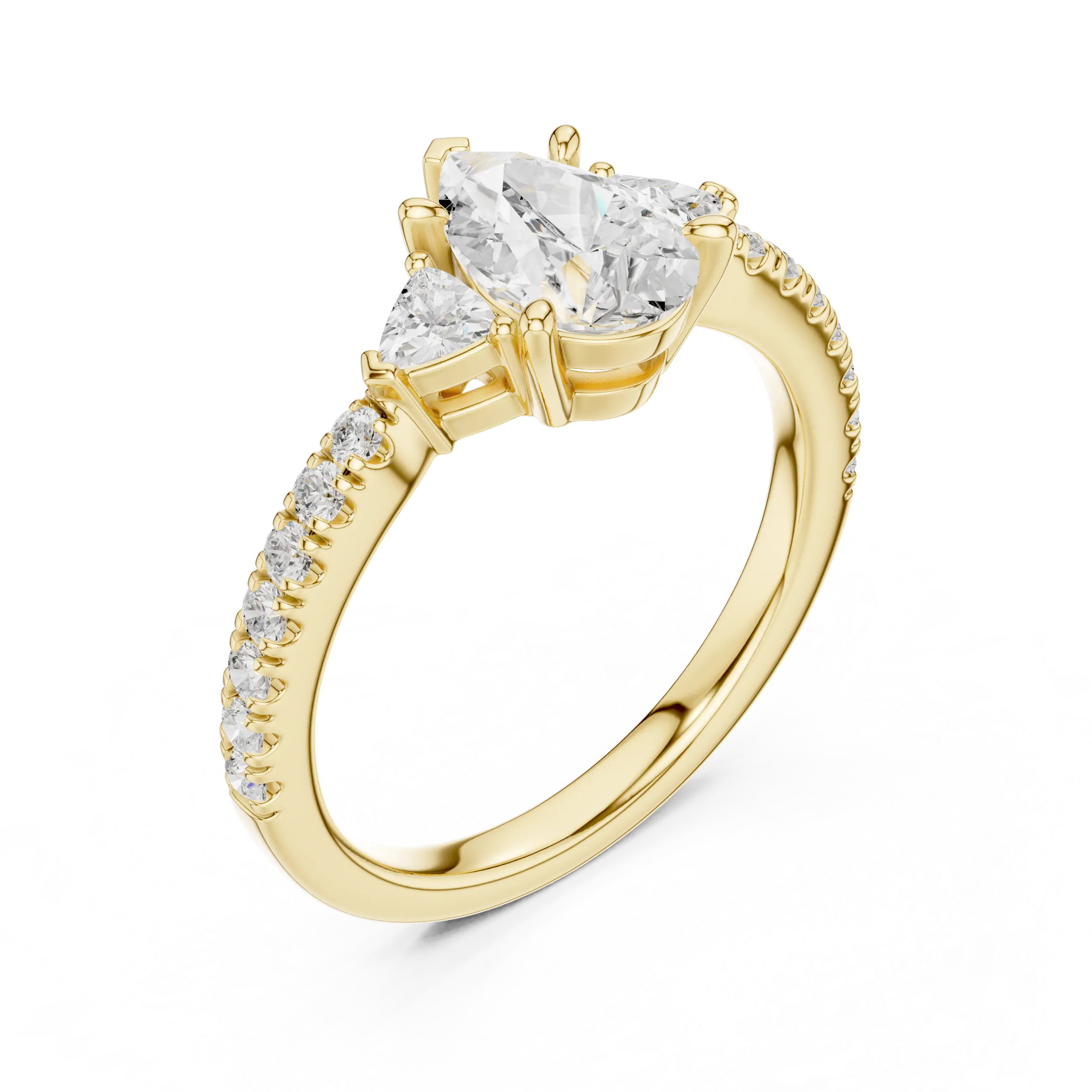 MJR0148 - Teardrop Pear Center Three Stone Ring with Pavé Shank
