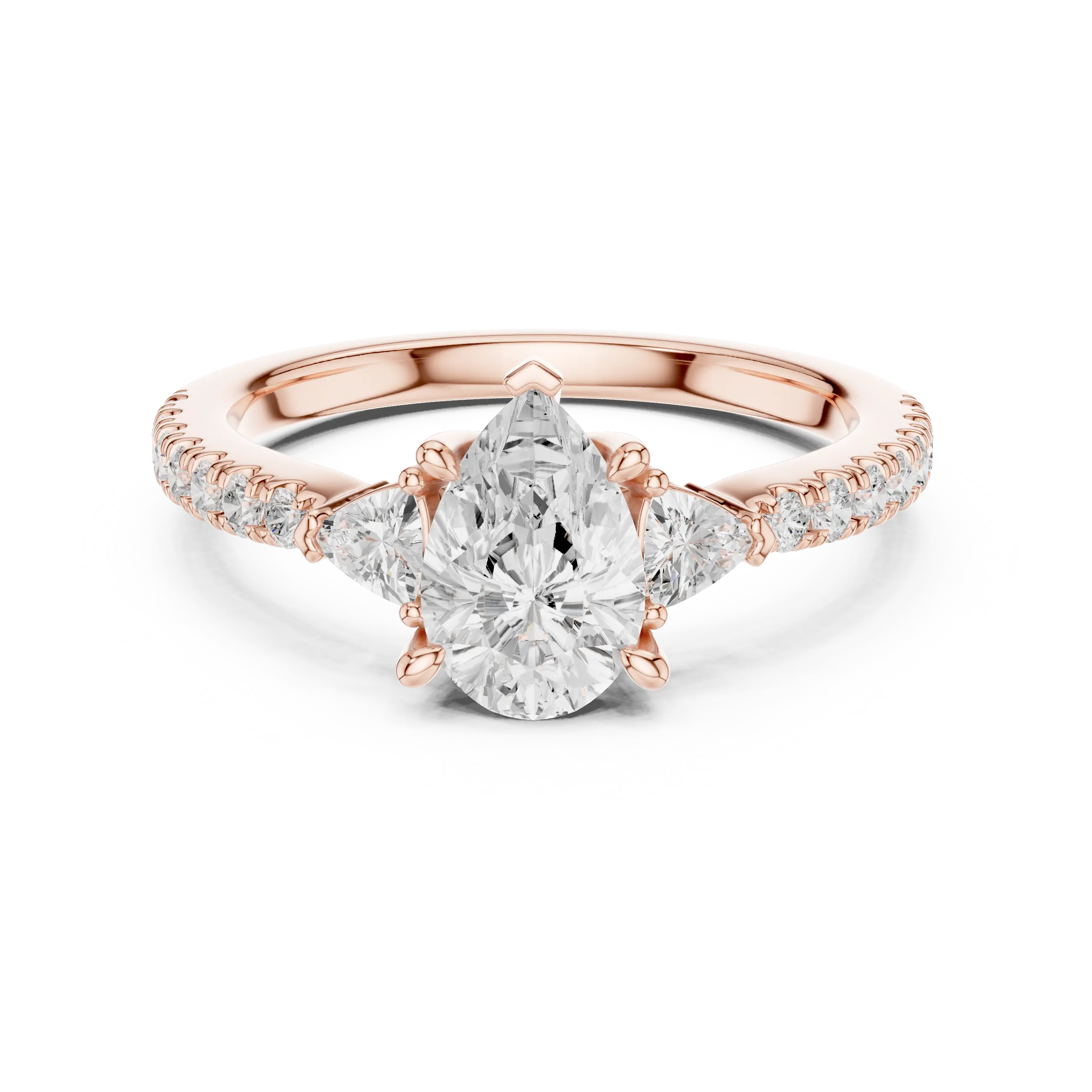 MJR0148 - Teardrop Pear Center Three Stone Ring with Pavé Shank