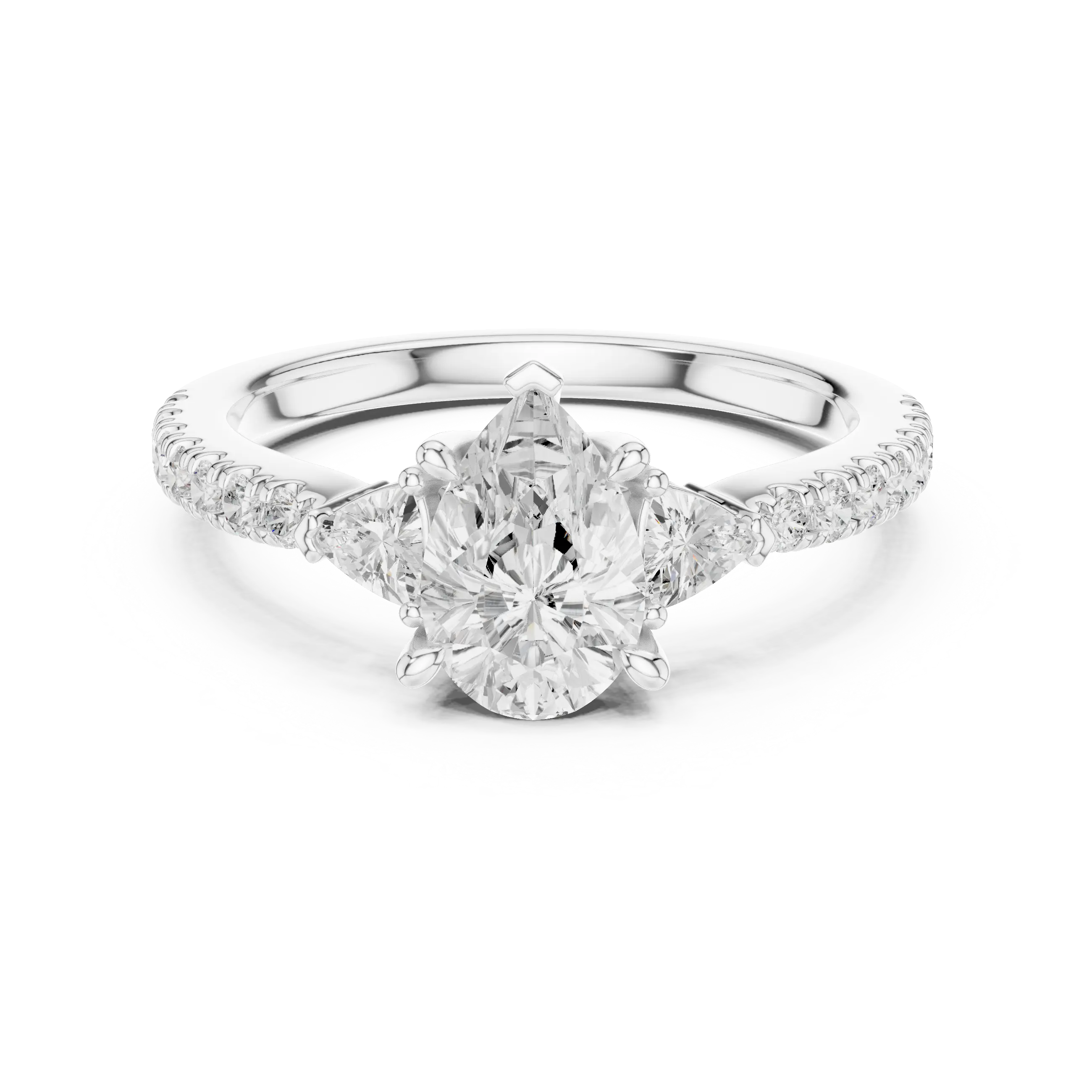 MJR0148 - Teardrop Pear Center Three Stone Ring with Pavé Shank