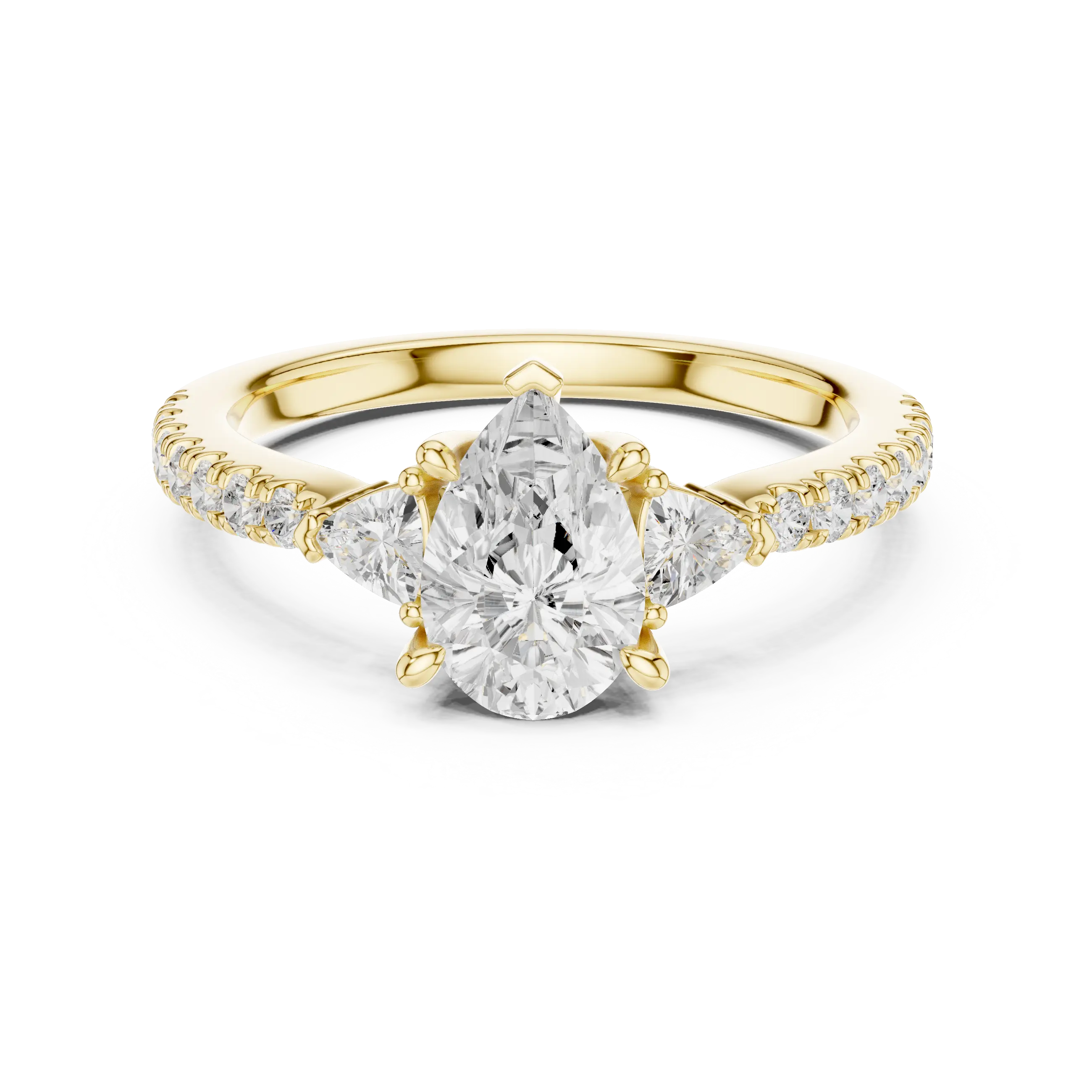 MJR0148 - Teardrop Pear Center Three Stone Ring with Pavé Shank
